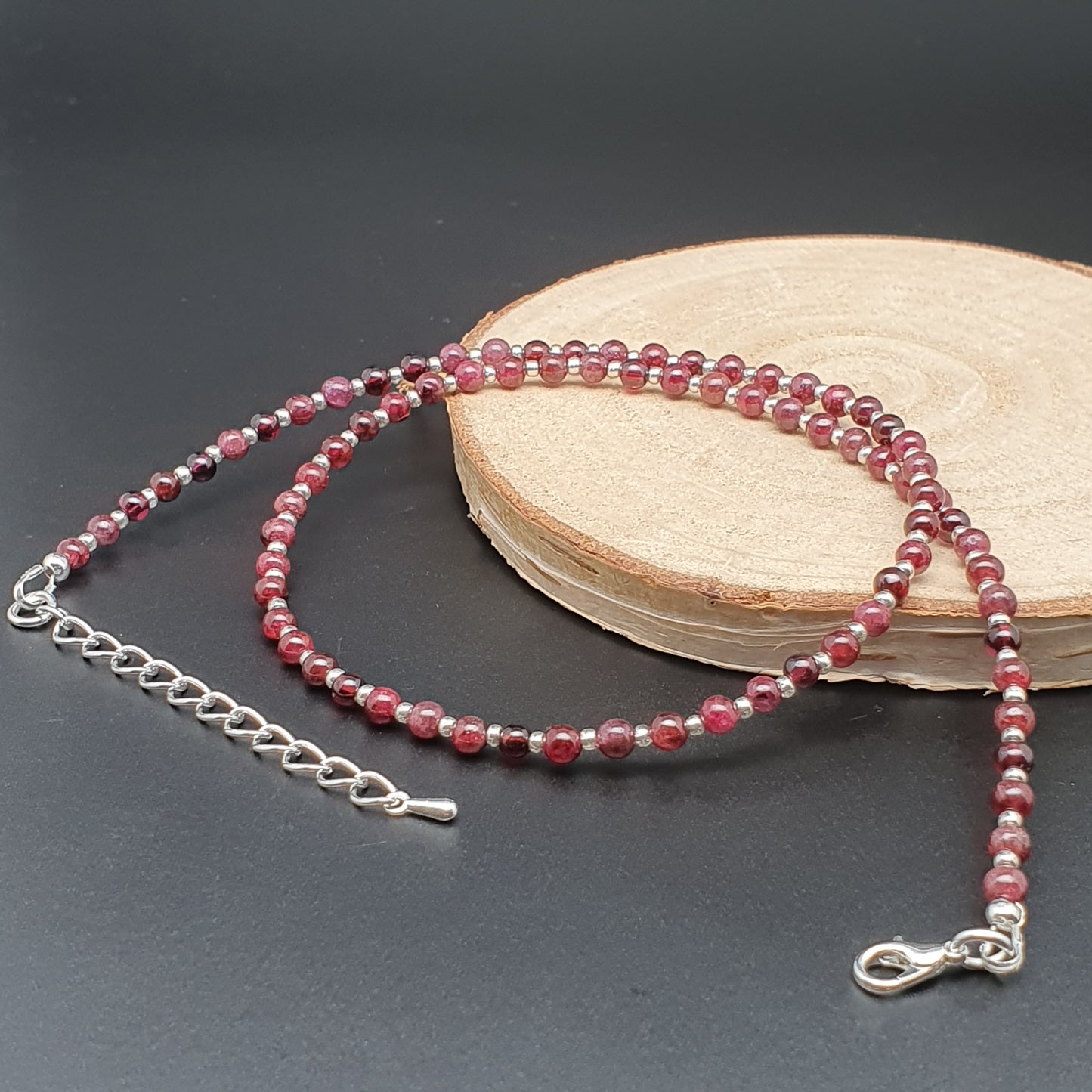 Red Garnet Beaded Necklace Adjustable 16 inch Collar Silver Plated