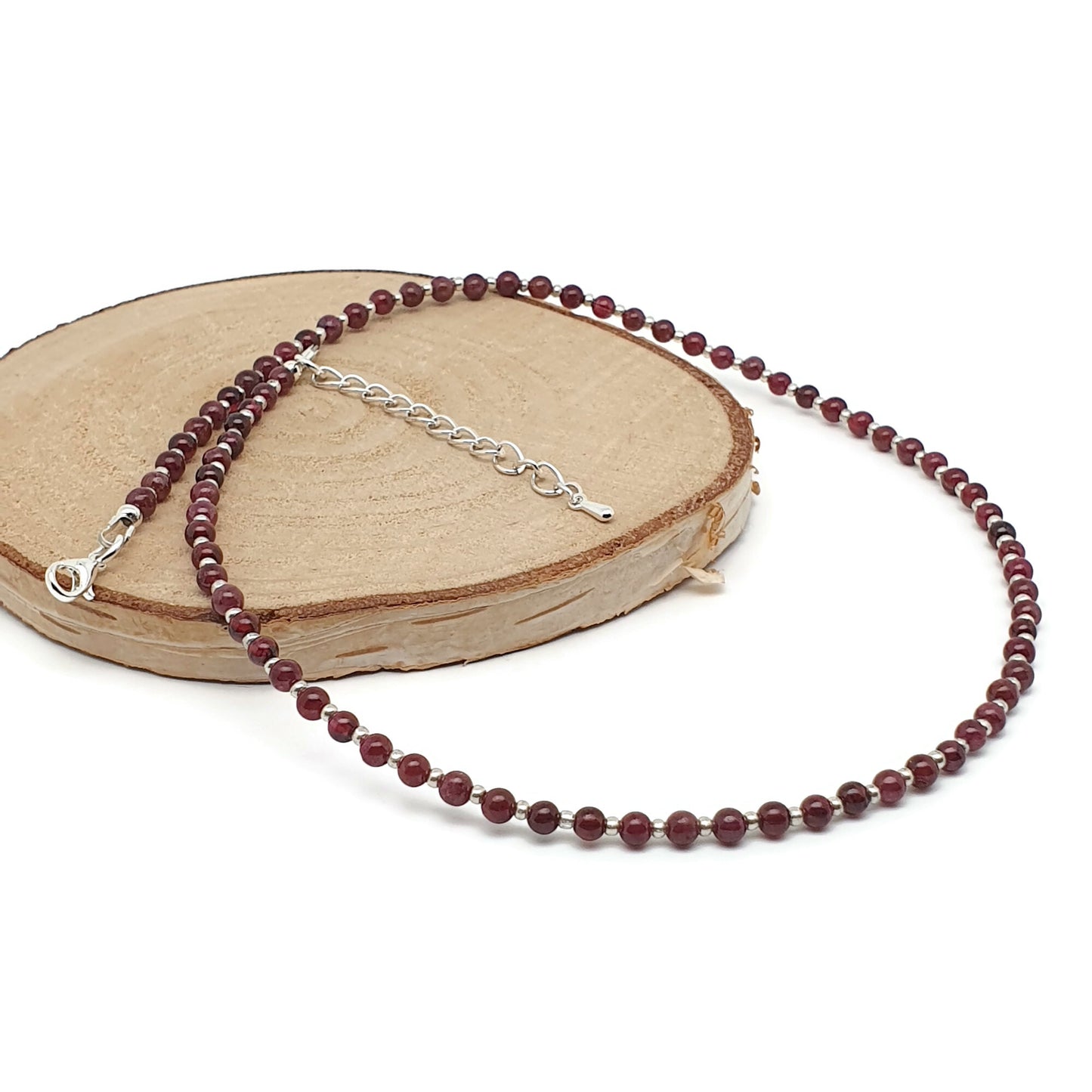 Red Garnet Beaded Necklace Adjustable 16 inch Collar Silver Plated