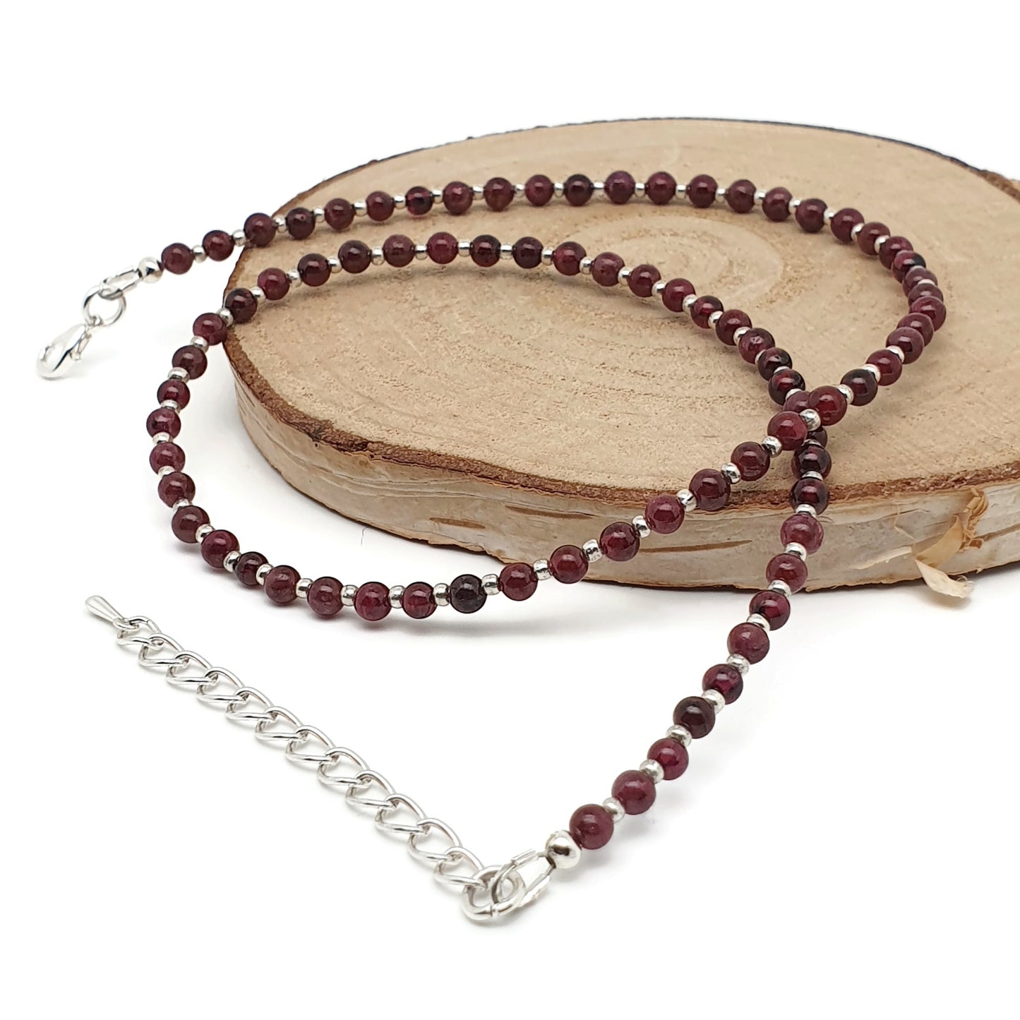 Red Garnet Beaded Necklace Adjustable 16 inch Collar Silver Plated