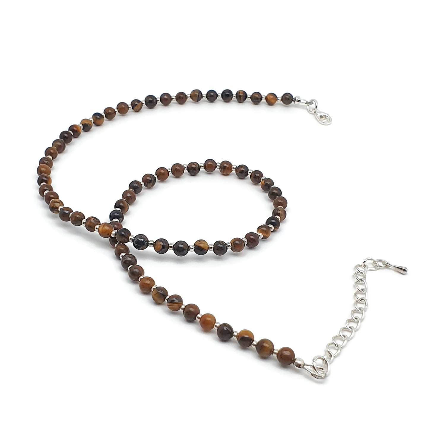 Brown Tiger's Eye Beaded Collar Necklace Silver Plated