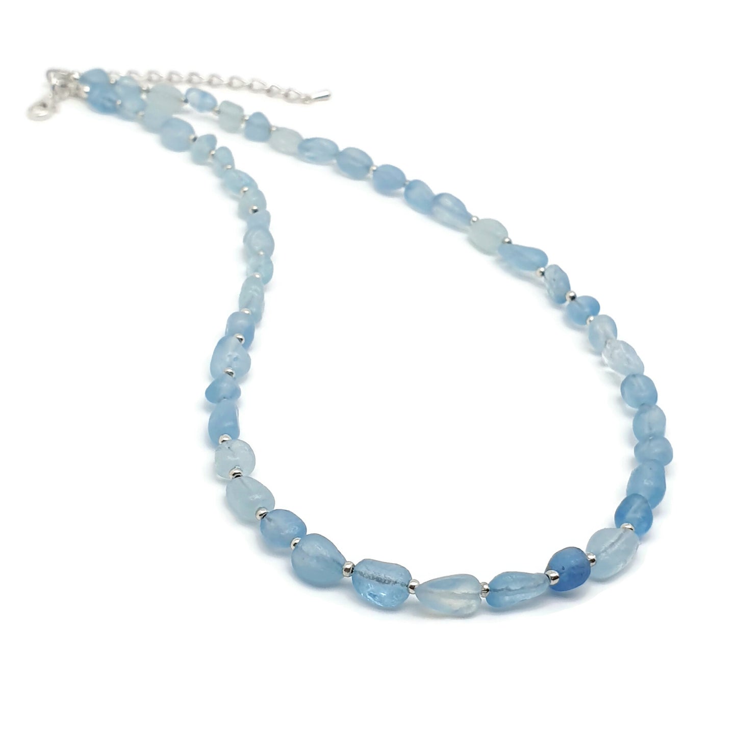 Beaded Aquamarine Nuggets Collar Necklace Silver Plated