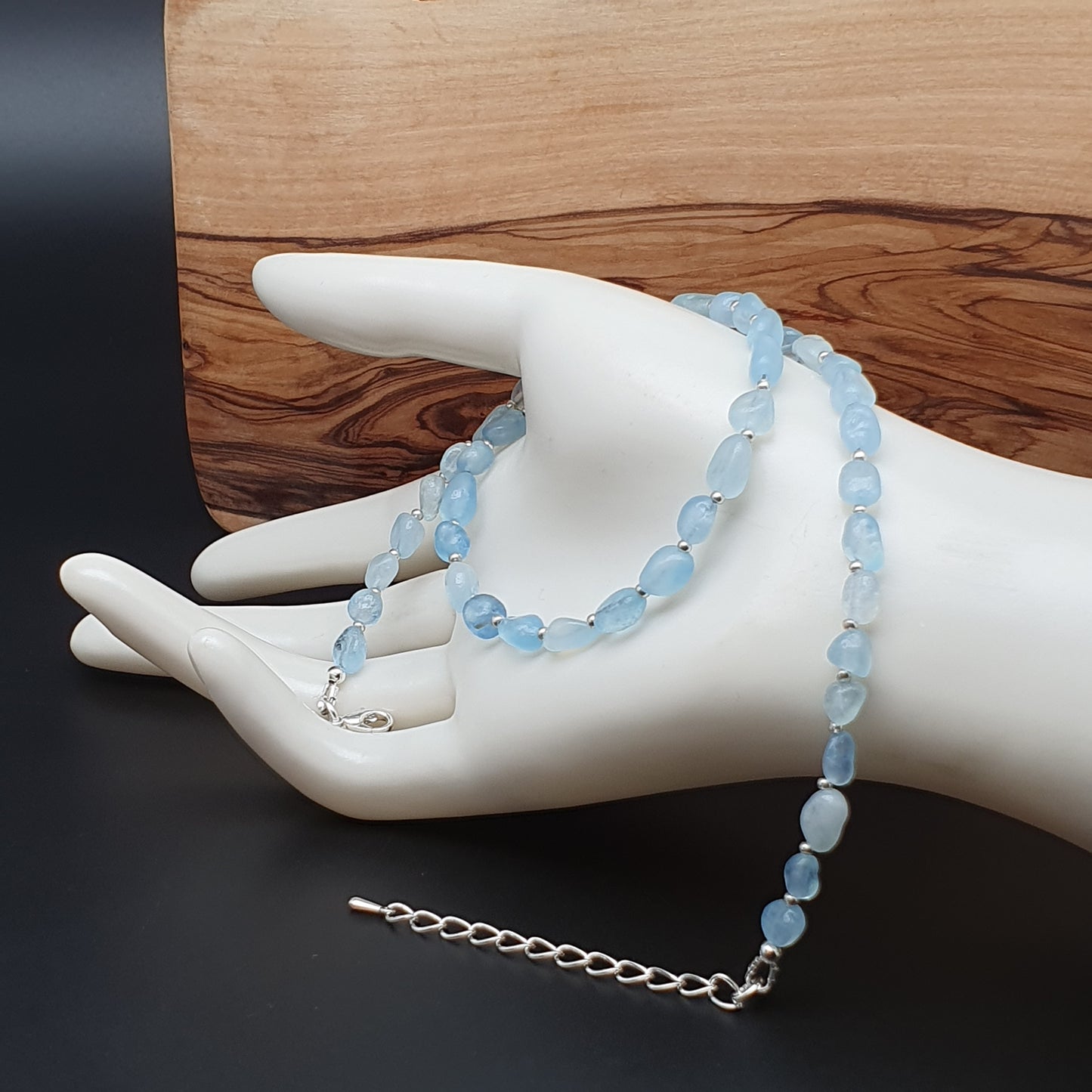 Beaded Aquamarine Nuggets Collar Necklace Silver Plated