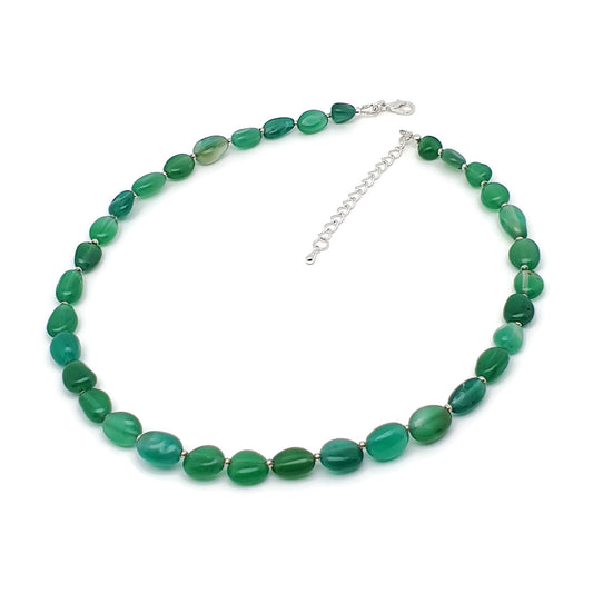 Green Agate Beaded Nuggets Collar Necklace Silver Plated