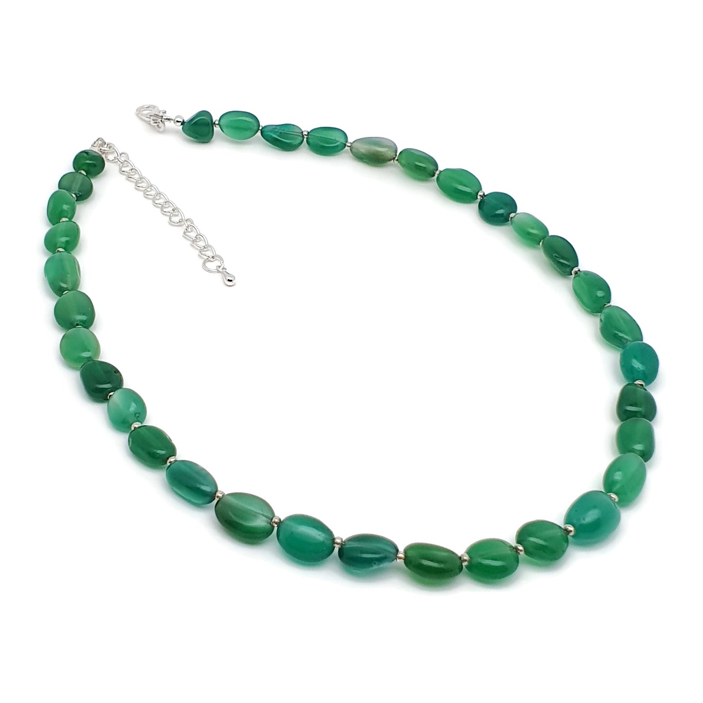 Green Agate Beaded Nuggets Collar Necklace Silver Plated