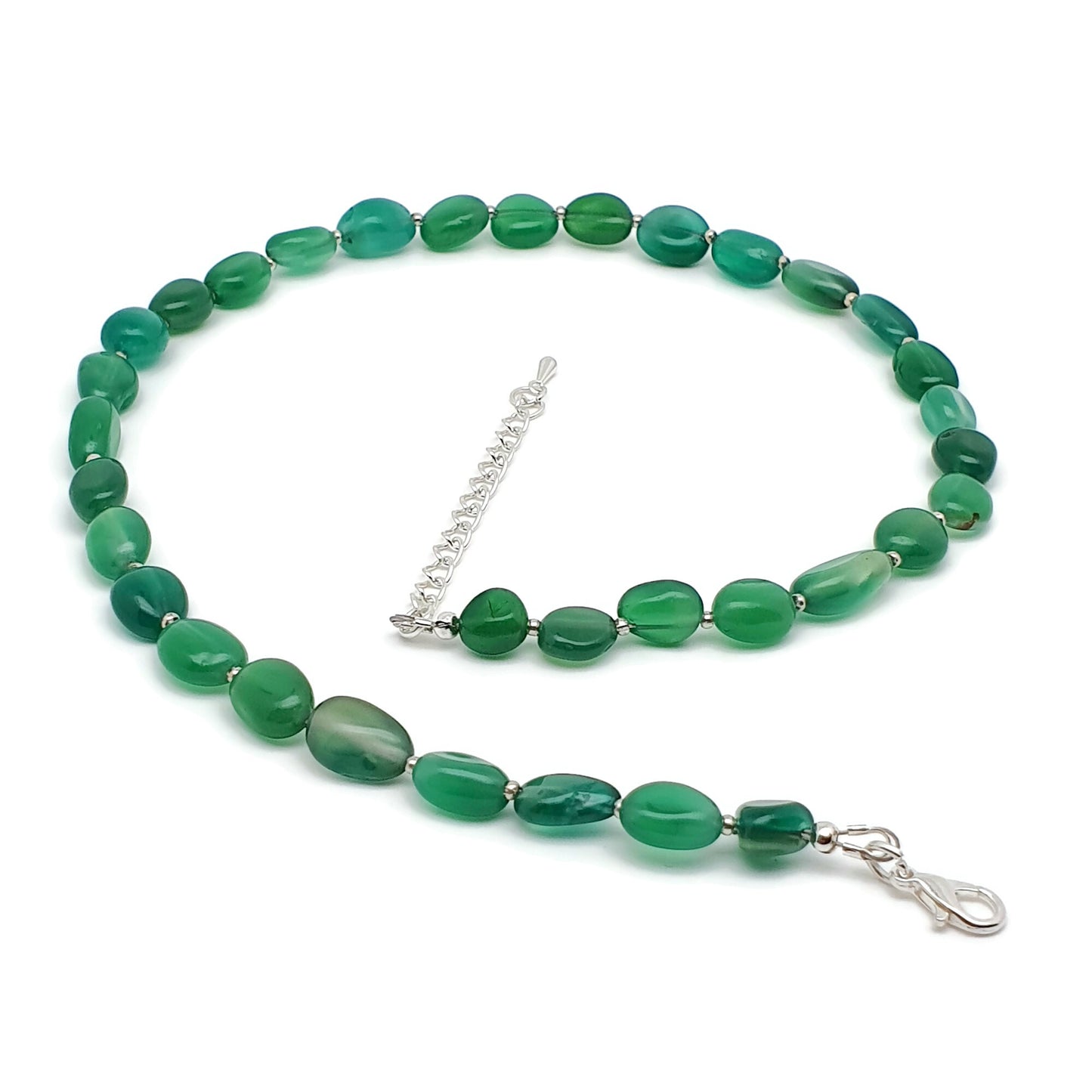 Green Agate Beaded Nuggets Collar Necklace Silver Plated