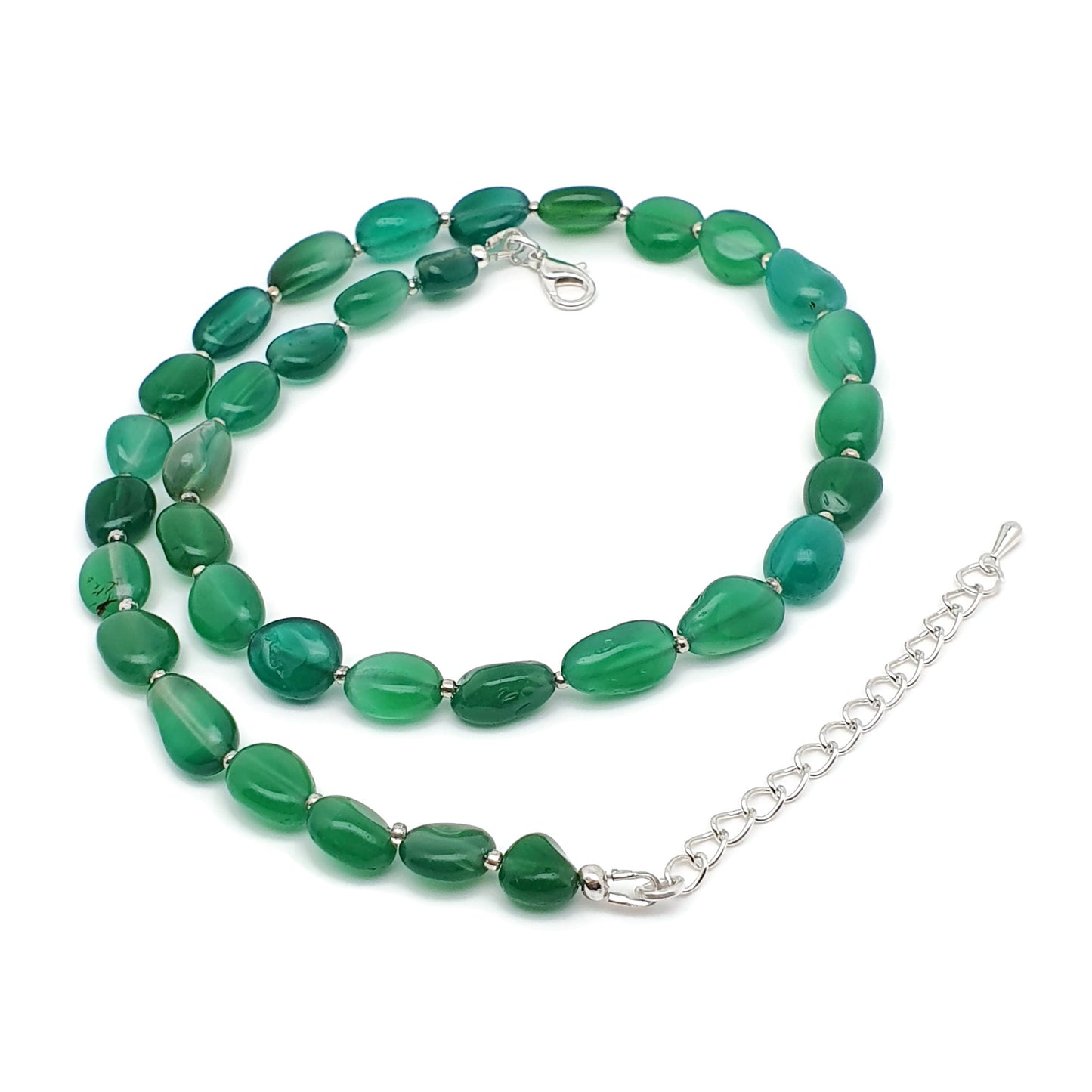 Green Agate Beaded Nuggets Collar Necklace Silver Plated