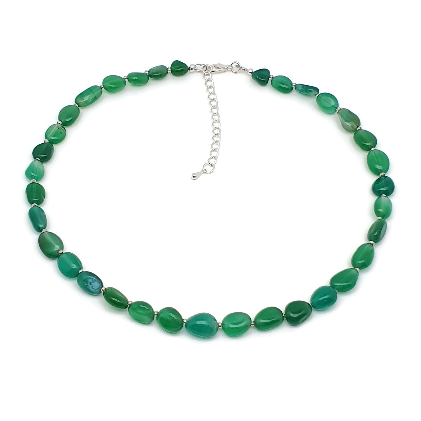 Green Agate Beaded Nuggets Collar Necklace Silver Plated