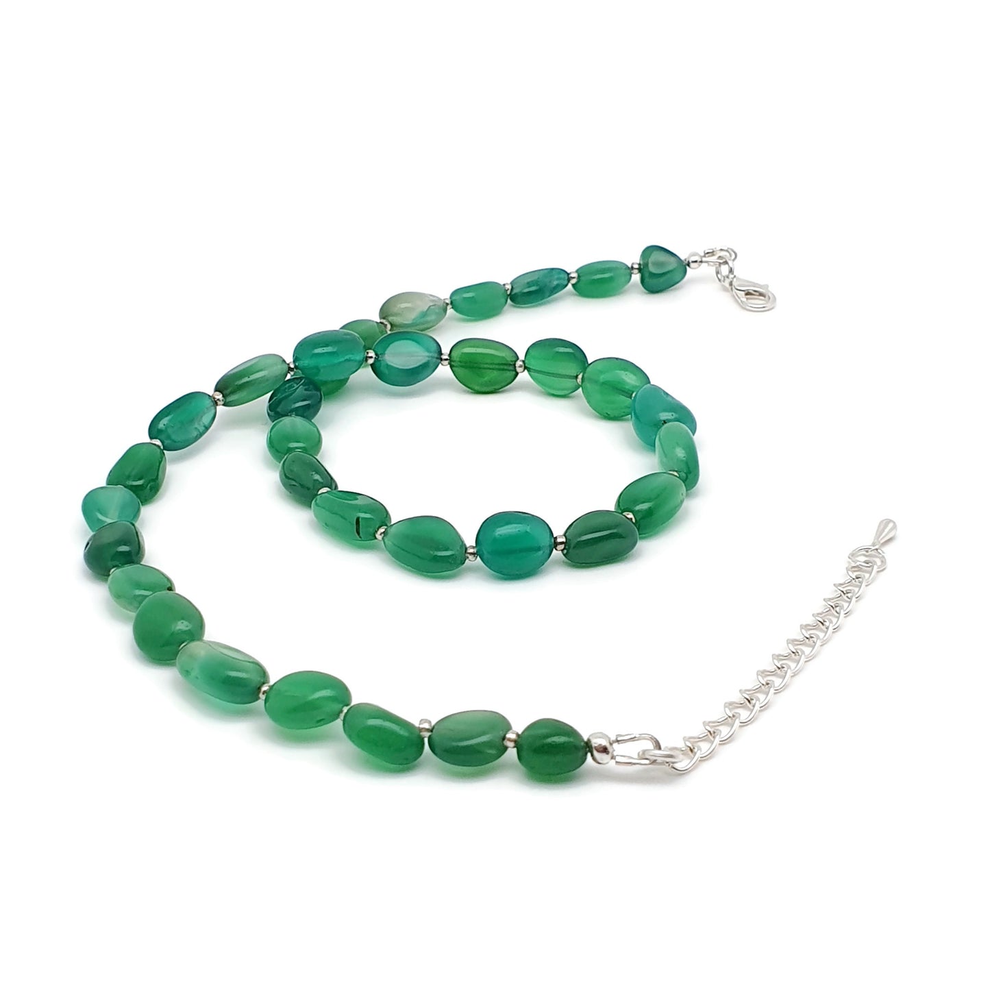 Green Agate Beaded Nuggets Collar Necklace Silver Plated