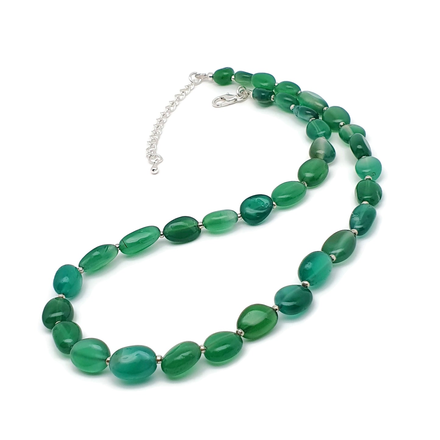 Green Agate Beaded Nuggets Collar Necklace Silver Plated