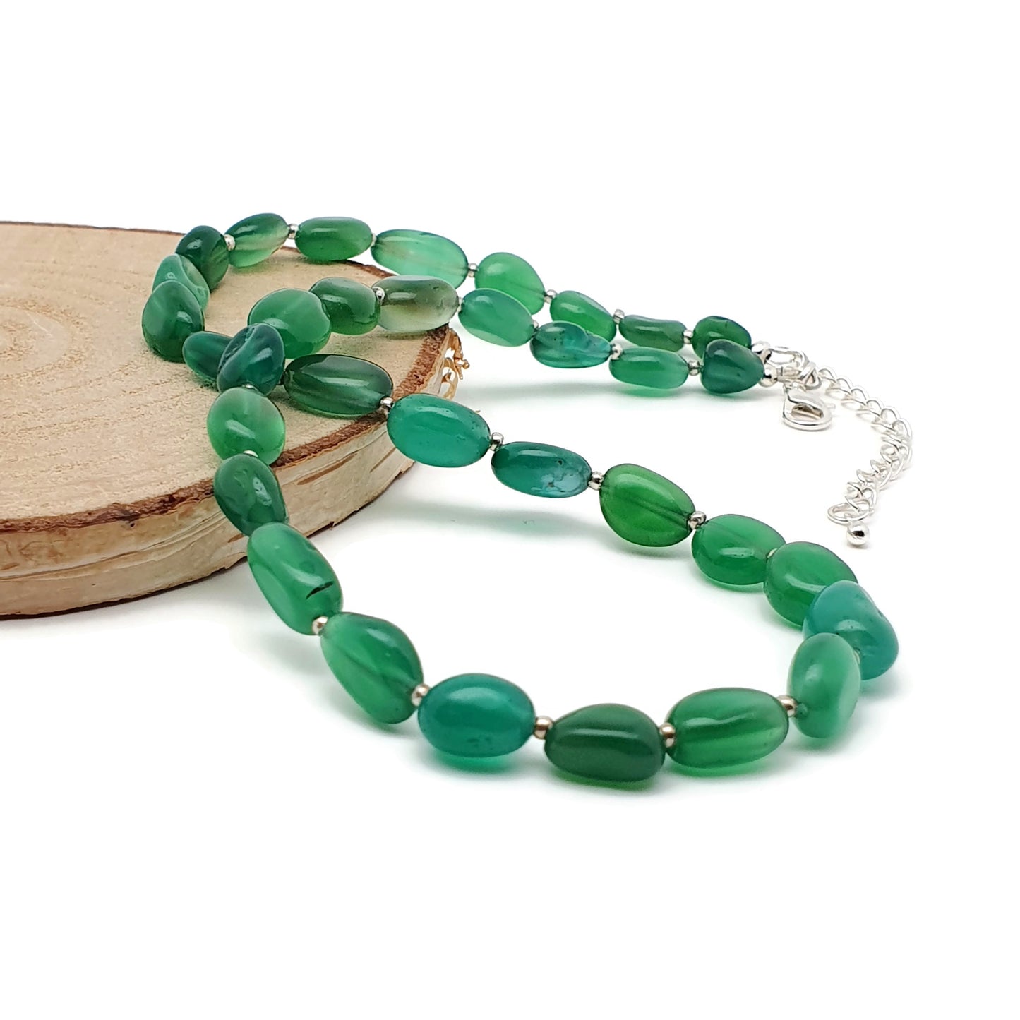 Green Agate Beaded Nuggets Collar Necklace Silver Plated