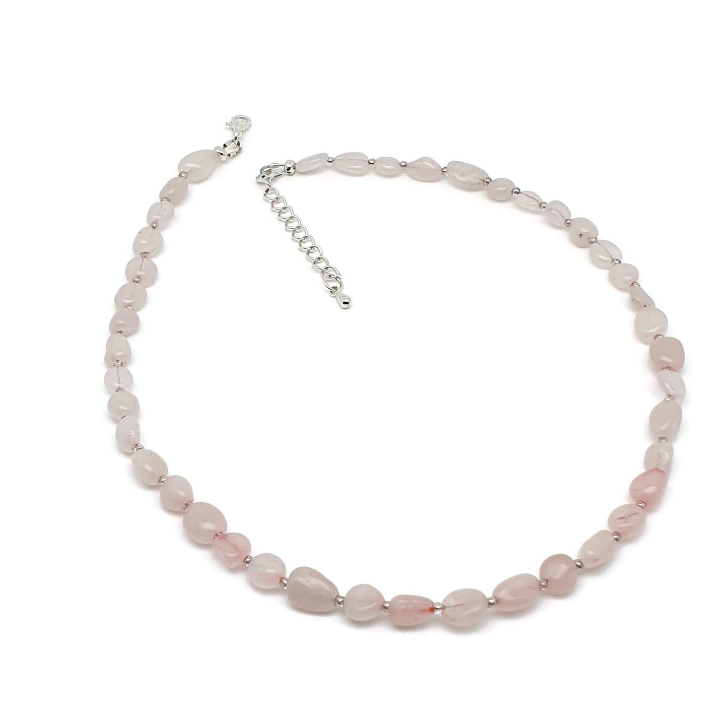 Rose Quartz Nuggets Necklace Beaded Natural Gemstone Collar Silver Plated