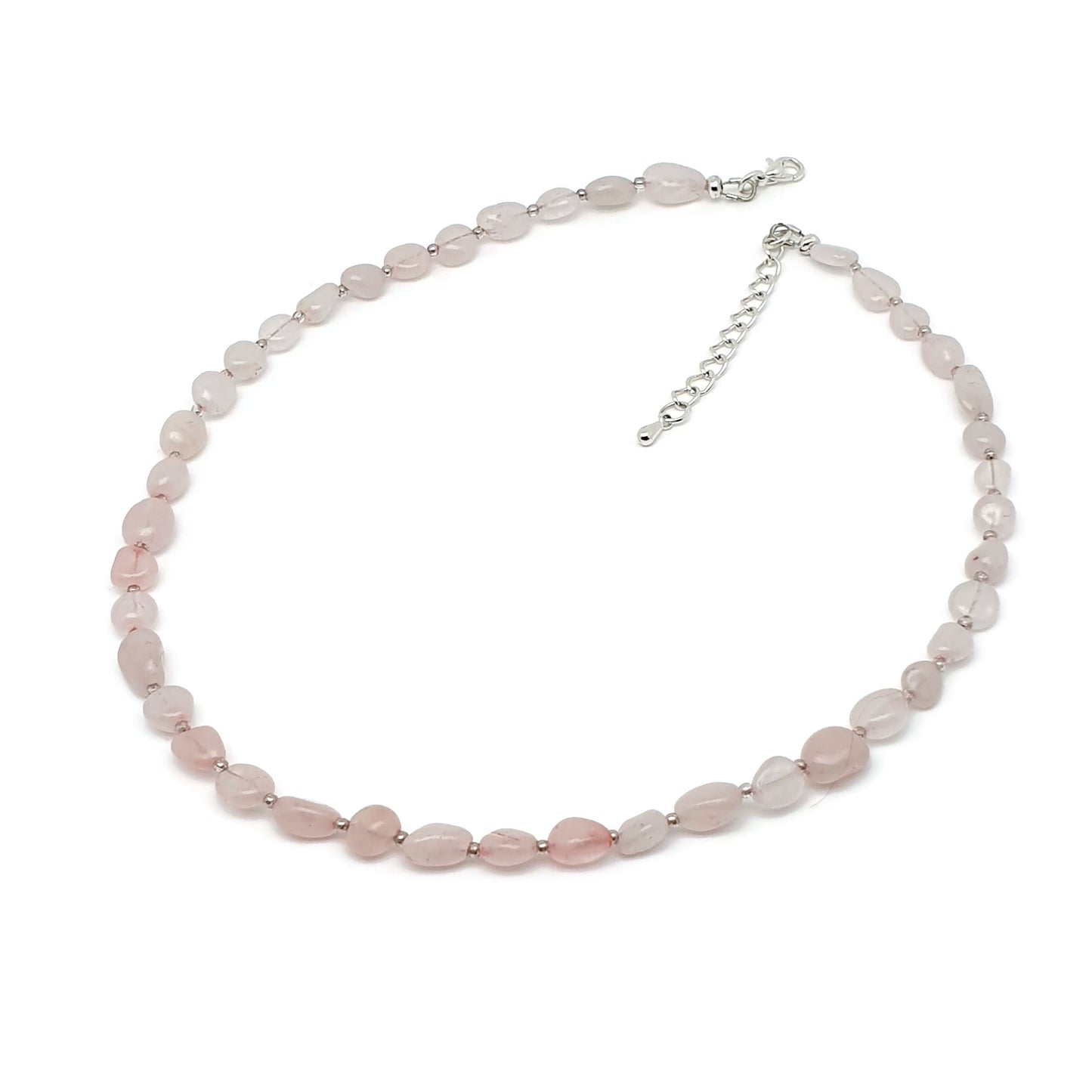 Rose Quartz Nuggets Necklace Beaded Natural Gemstone Collar Silver Plated