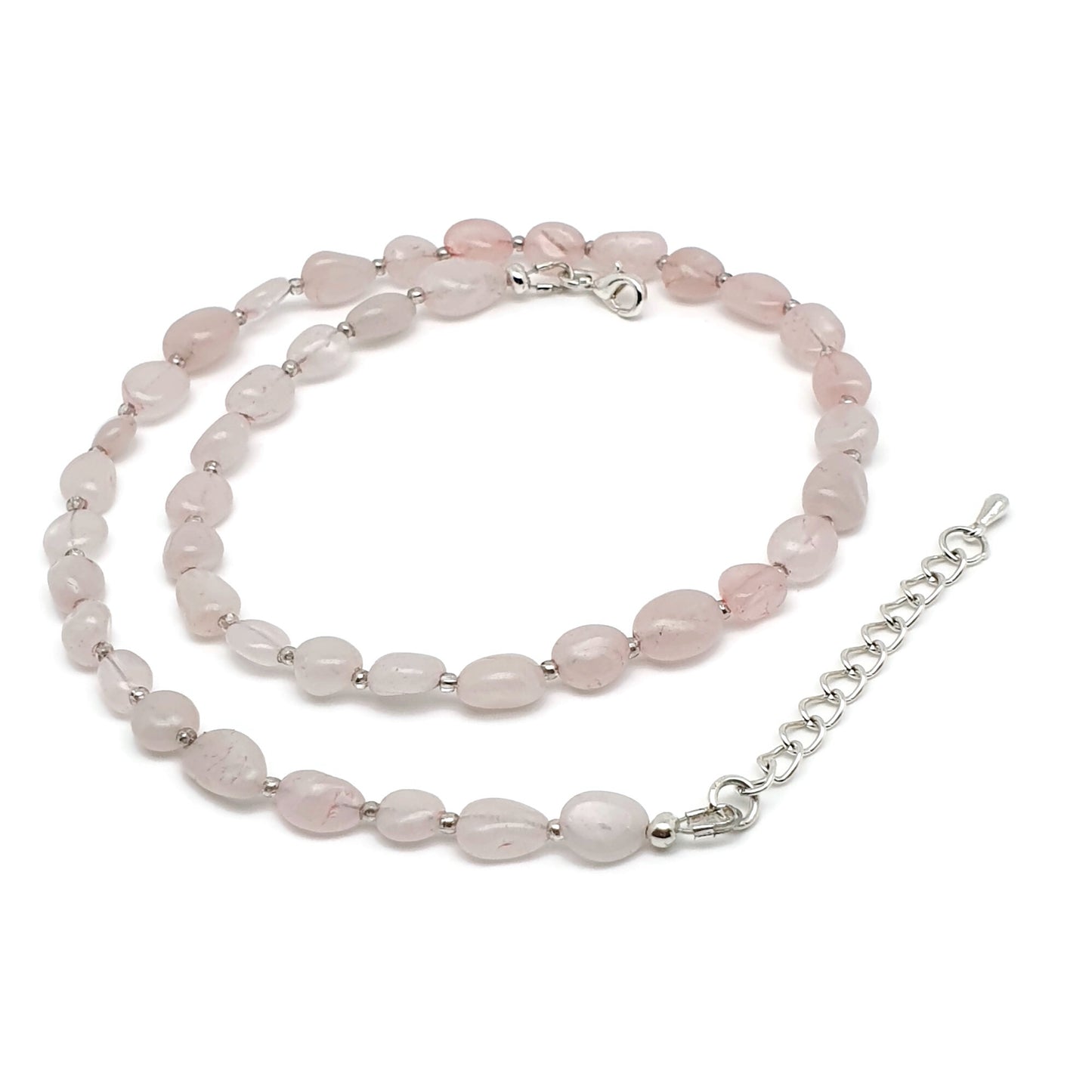 Rose Quartz Nuggets Necklace Beaded Natural Gemstone Collar Silver Plated