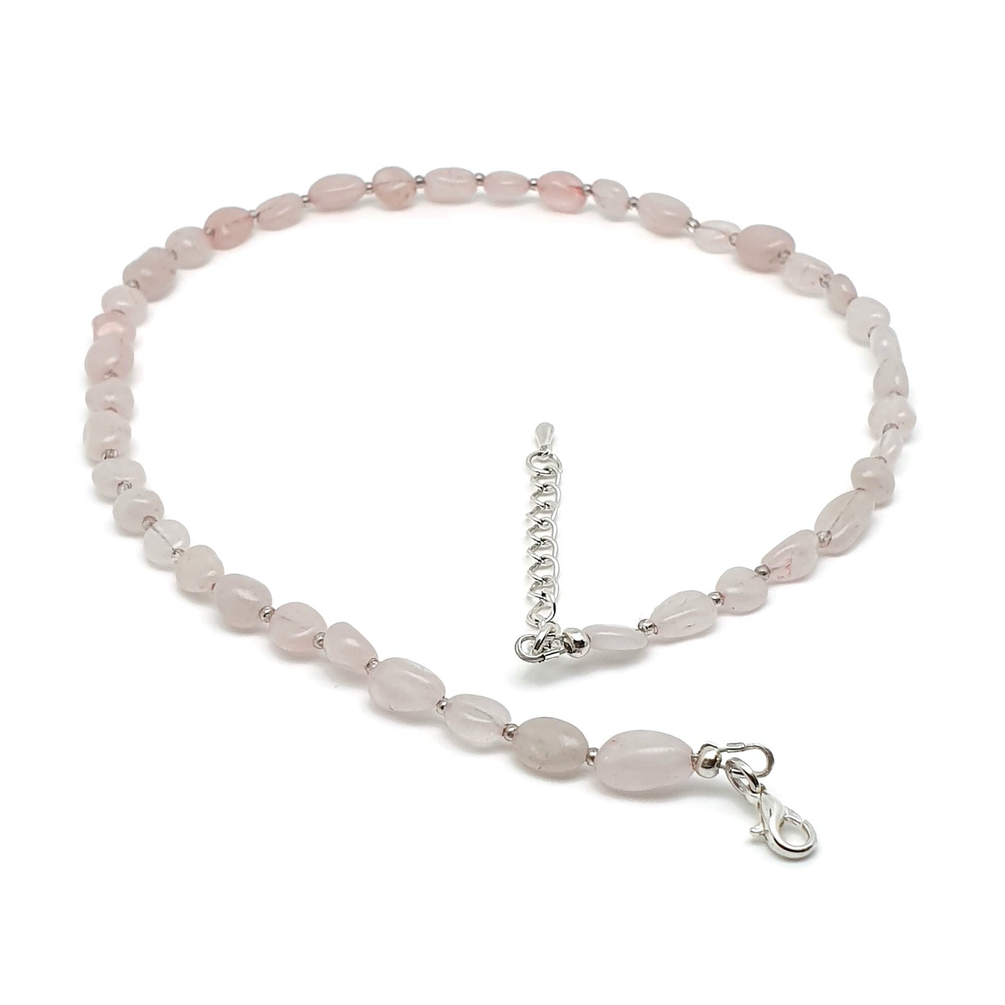 Rose Quartz Nuggets Necklace Beaded Natural Gemstone Collar Silver Plated