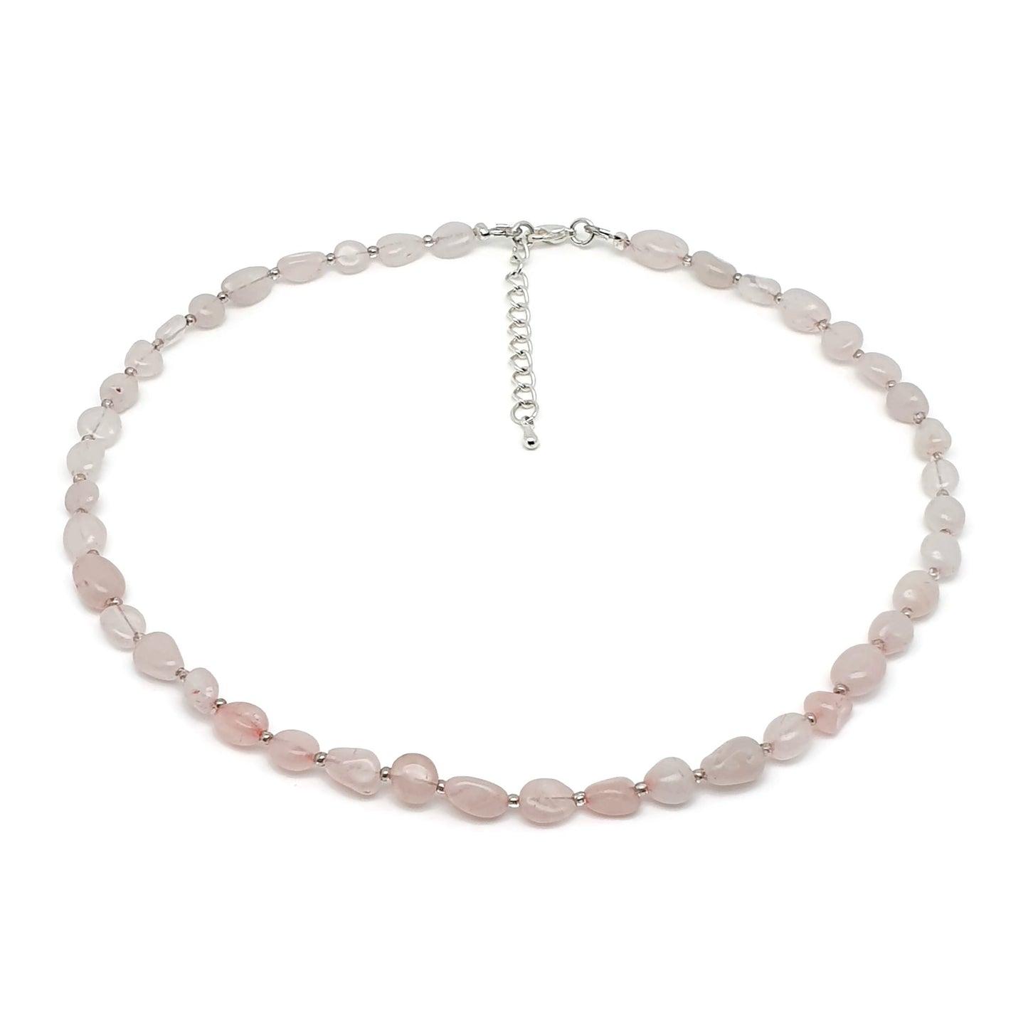 Rose Quartz Nuggets Necklace Beaded Natural Gemstone Collar Silver Plated