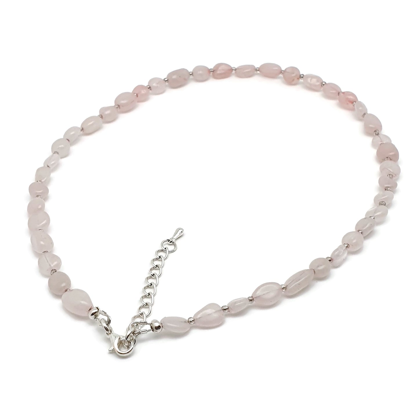 Rose Quartz Nuggets Necklace Beaded Natural Gemstone Collar Silver Plated