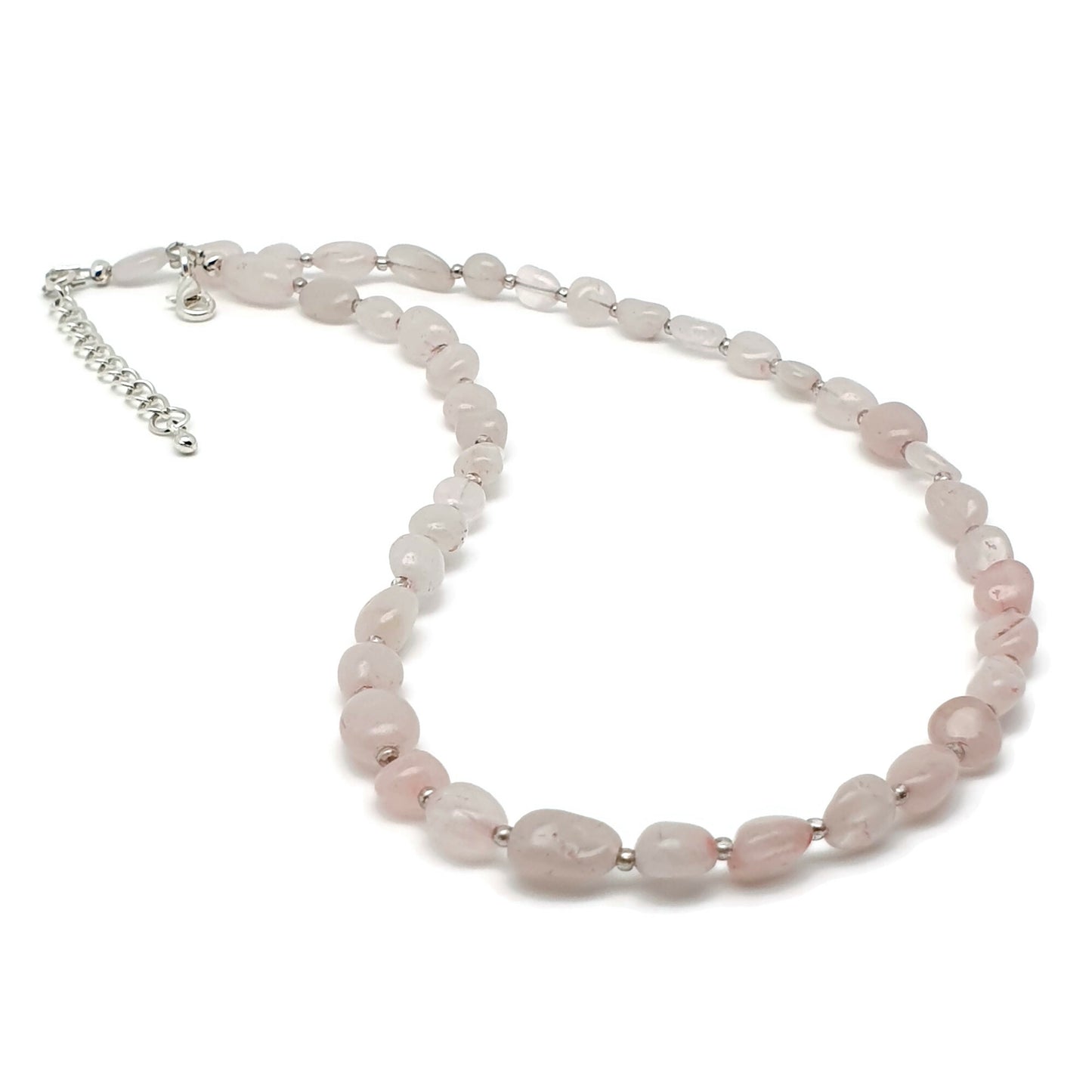 Rose Quartz Nuggets Necklace Beaded Natural Gemstone Collar Silver Plated