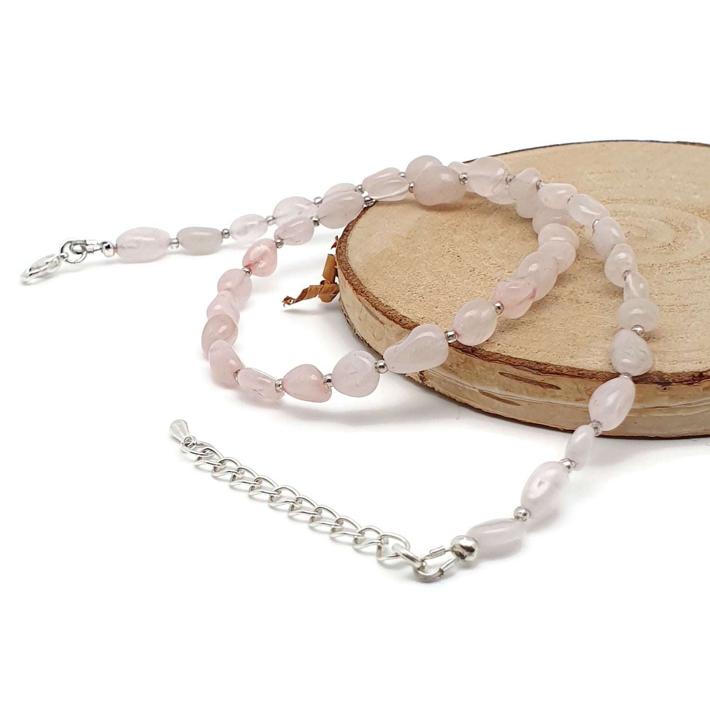 Rose Quartz Nuggets Necklace Beaded Natural Gemstone Collar Silver Plated