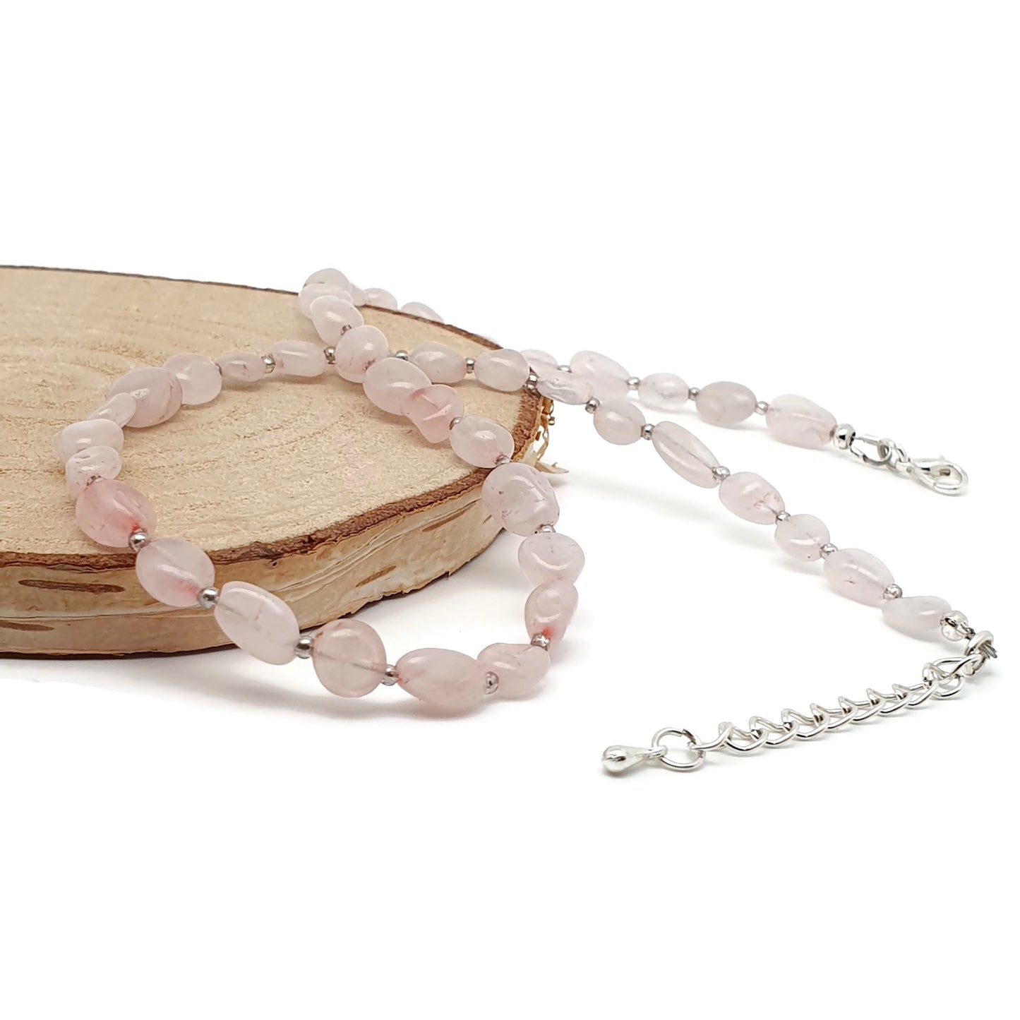 Rose Quartz Nuggets Necklace Beaded Natural Gemstone Collar Silver Plated