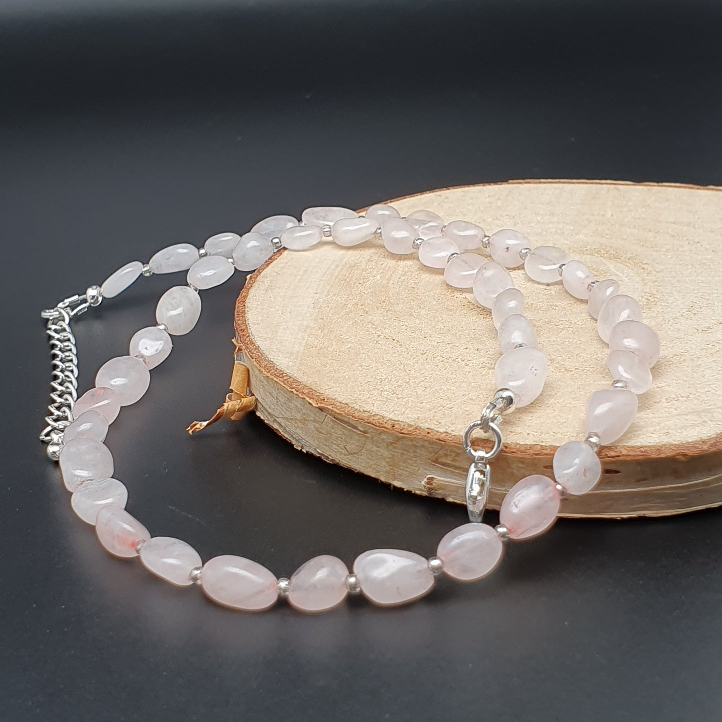 Rose Quartz Nuggets Necklace Beaded Natural Gemstone Collar Silver Plated