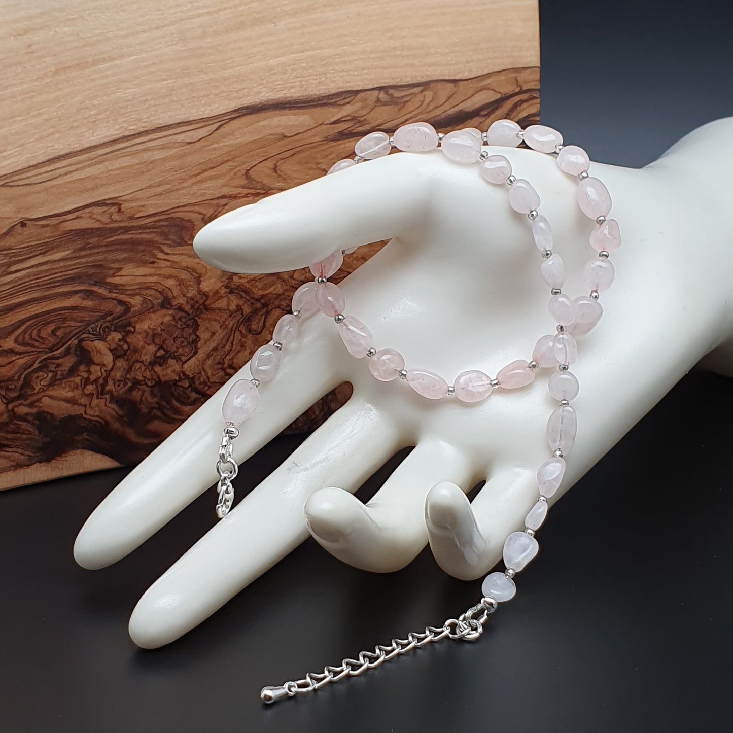 Rose Quartz Nuggets Necklace Beaded Natural Gemstone Collar Silver Plated