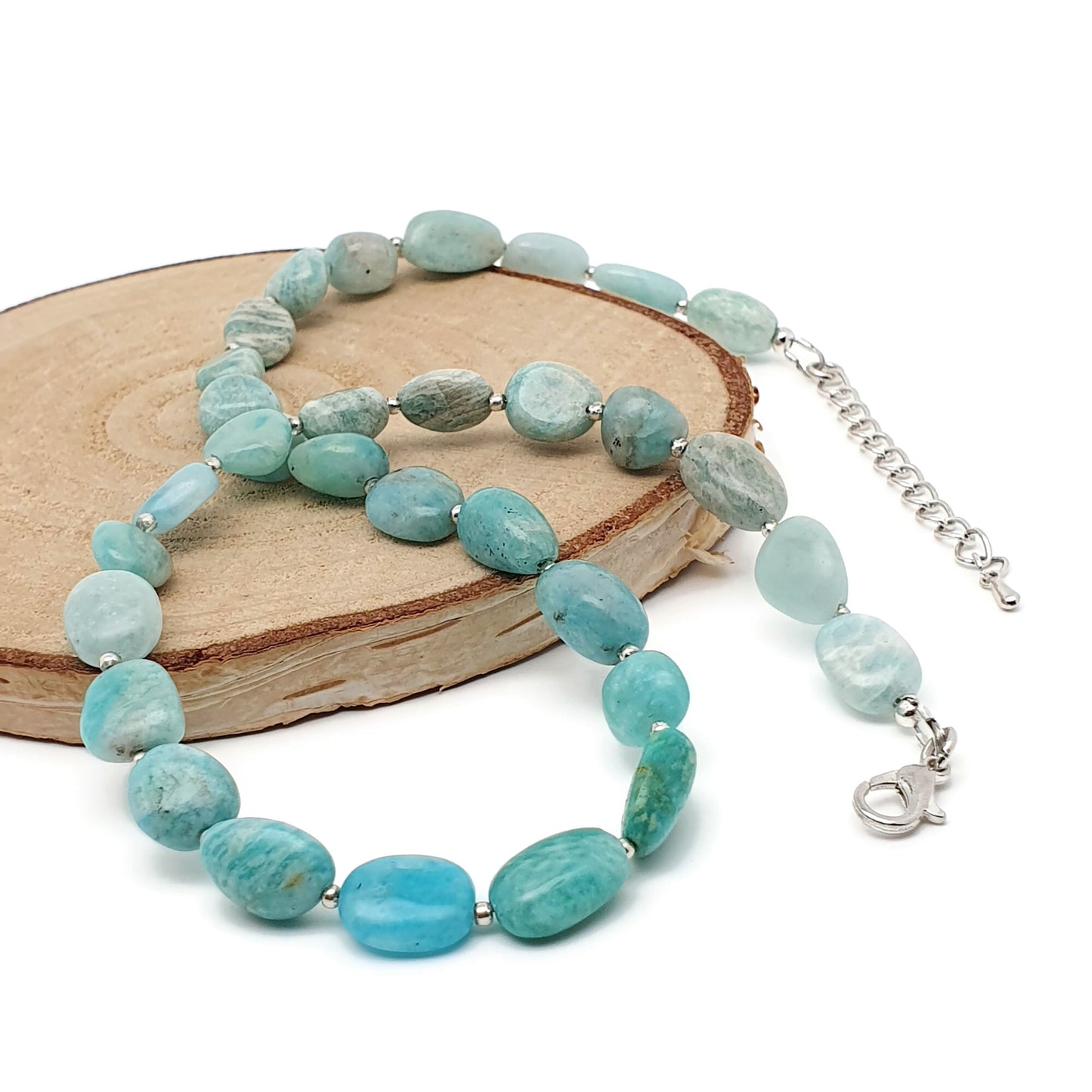 Blue Amazonite Beaded Nuggets Collar Necklace Silver Plated