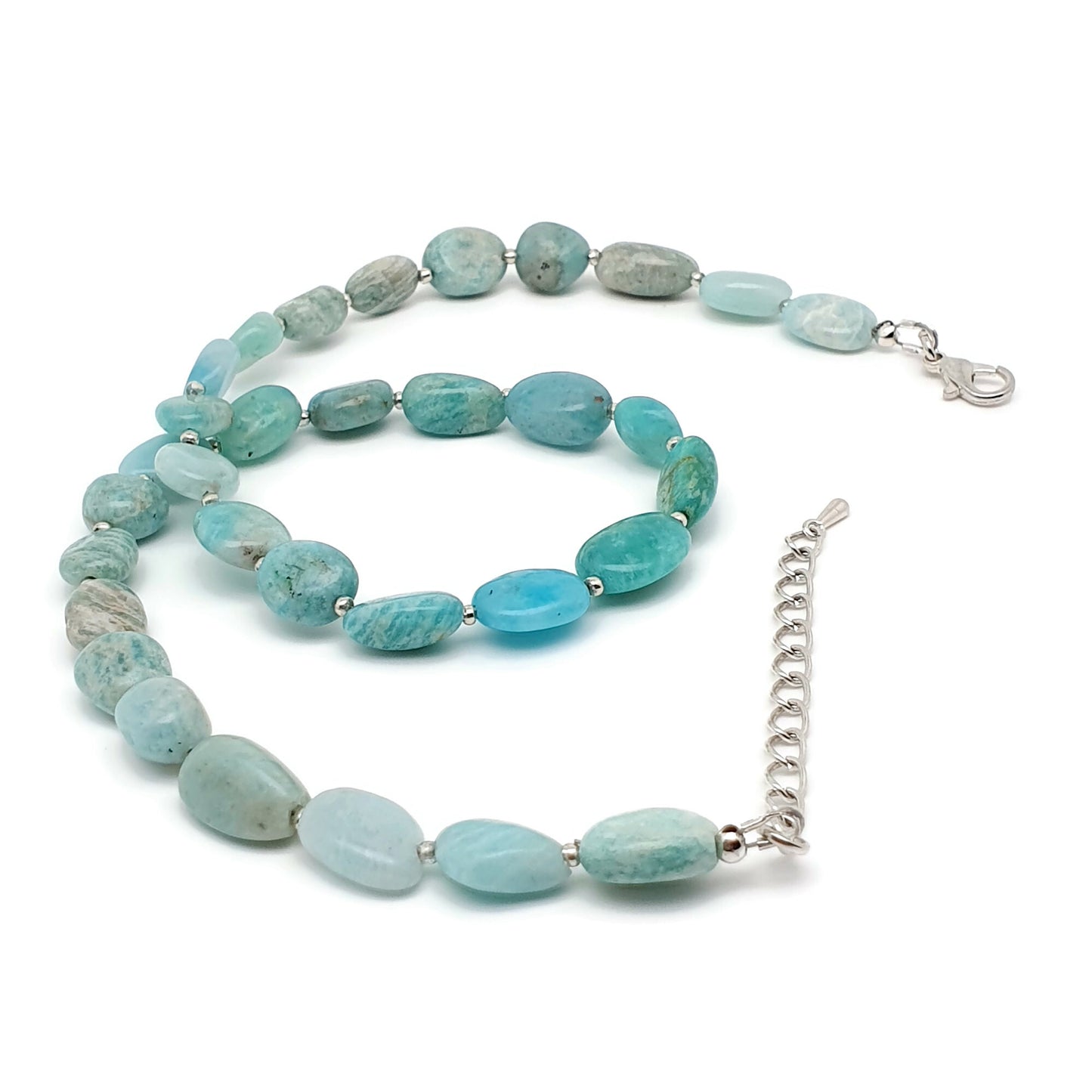 Blue Amazonite Beaded Nuggets Collar Necklace Silver Plated