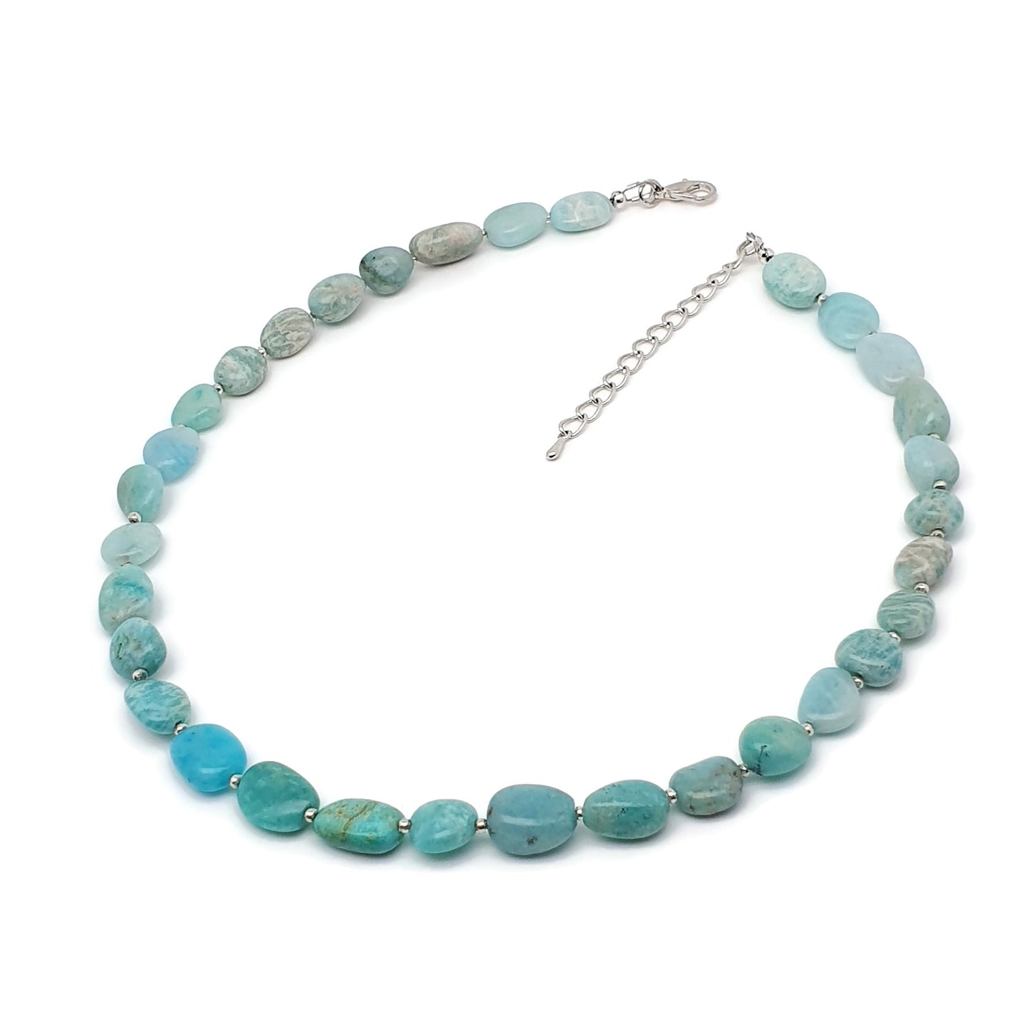 Blue Amazonite Beaded Nuggets Collar Necklace Silver Plated