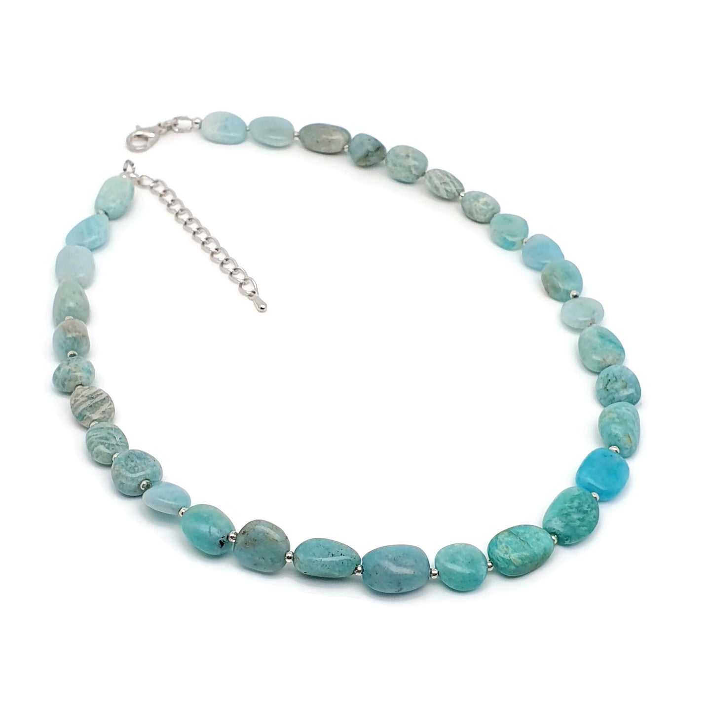 Blue Amazonite Beaded Nuggets Collar Necklace Silver Plated