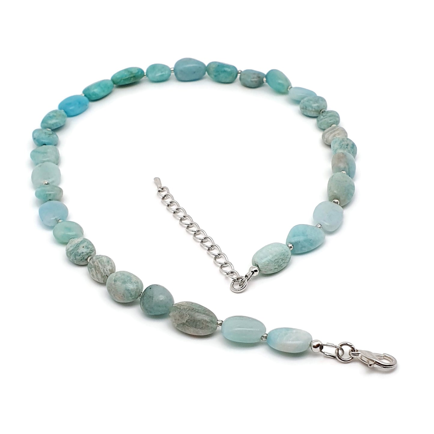 Blue Amazonite Beaded Nuggets Collar Necklace Silver Plated