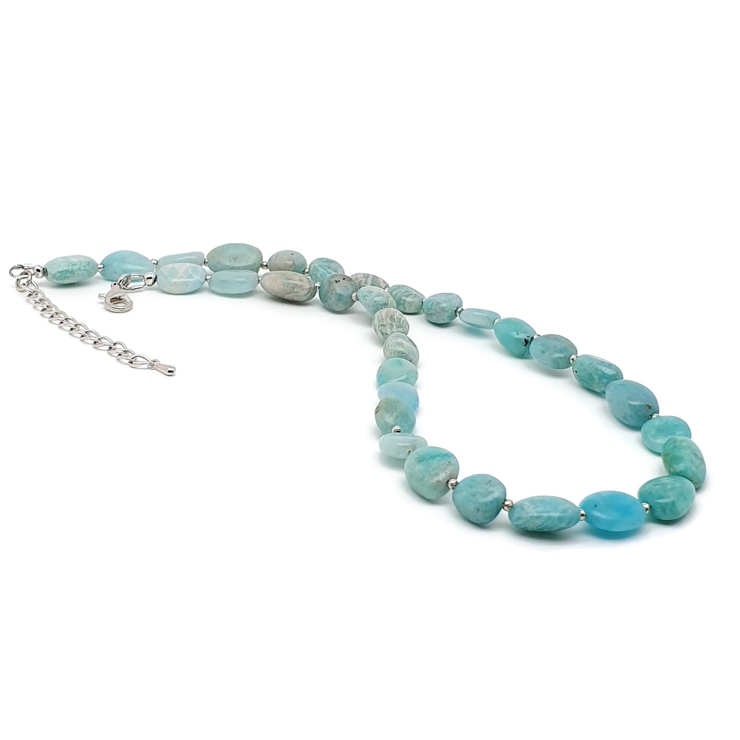 Blue Amazonite Beaded Nuggets Collar Necklace Silver Plated