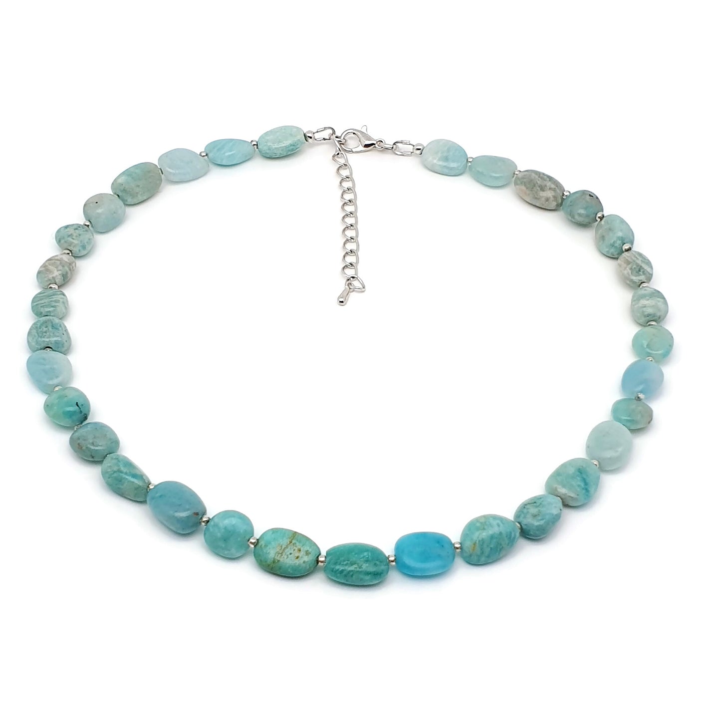 Blue Amazonite Beaded Nuggets Collar Necklace Silver Plated