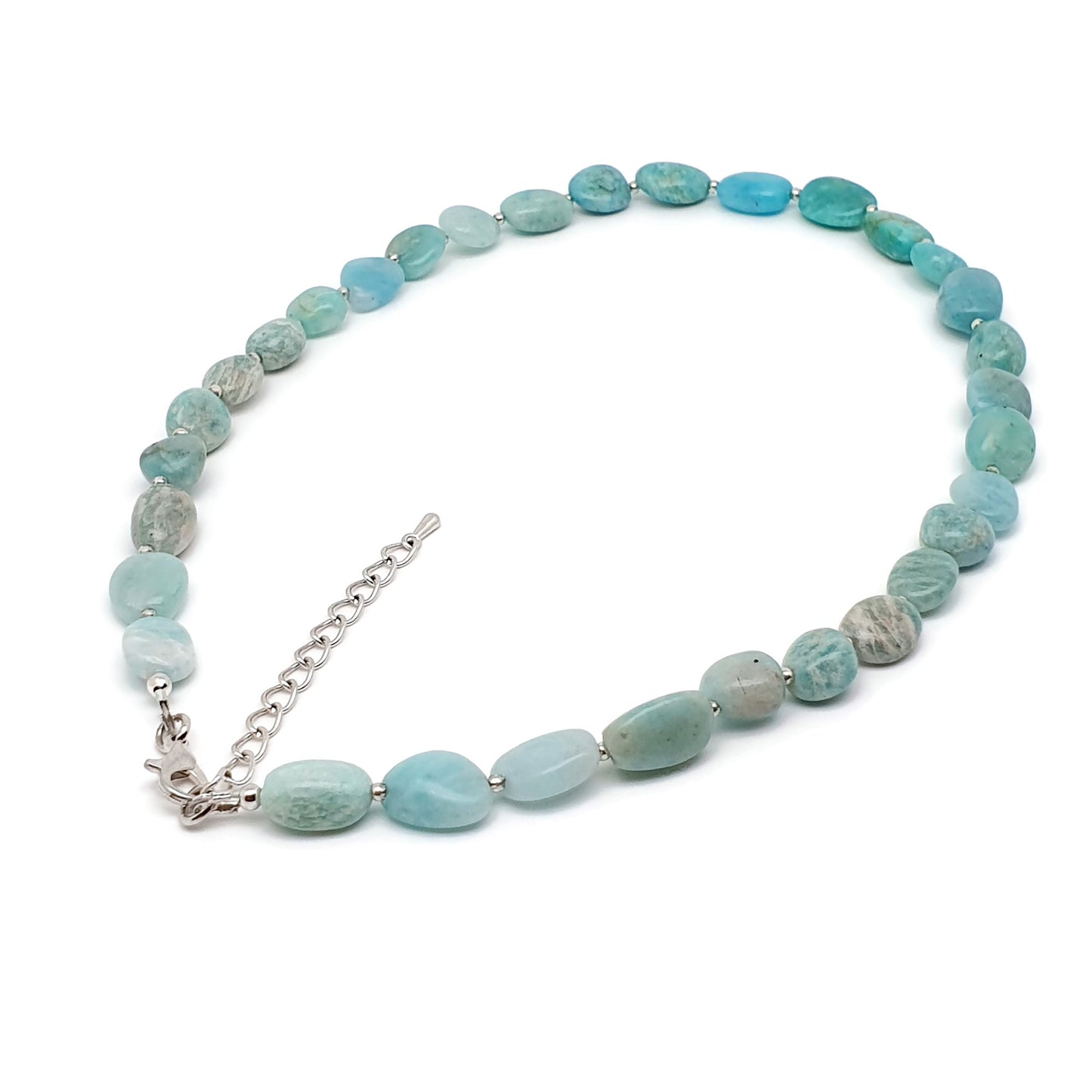 Blue Amazonite Beaded Nuggets Collar Necklace Silver Plated