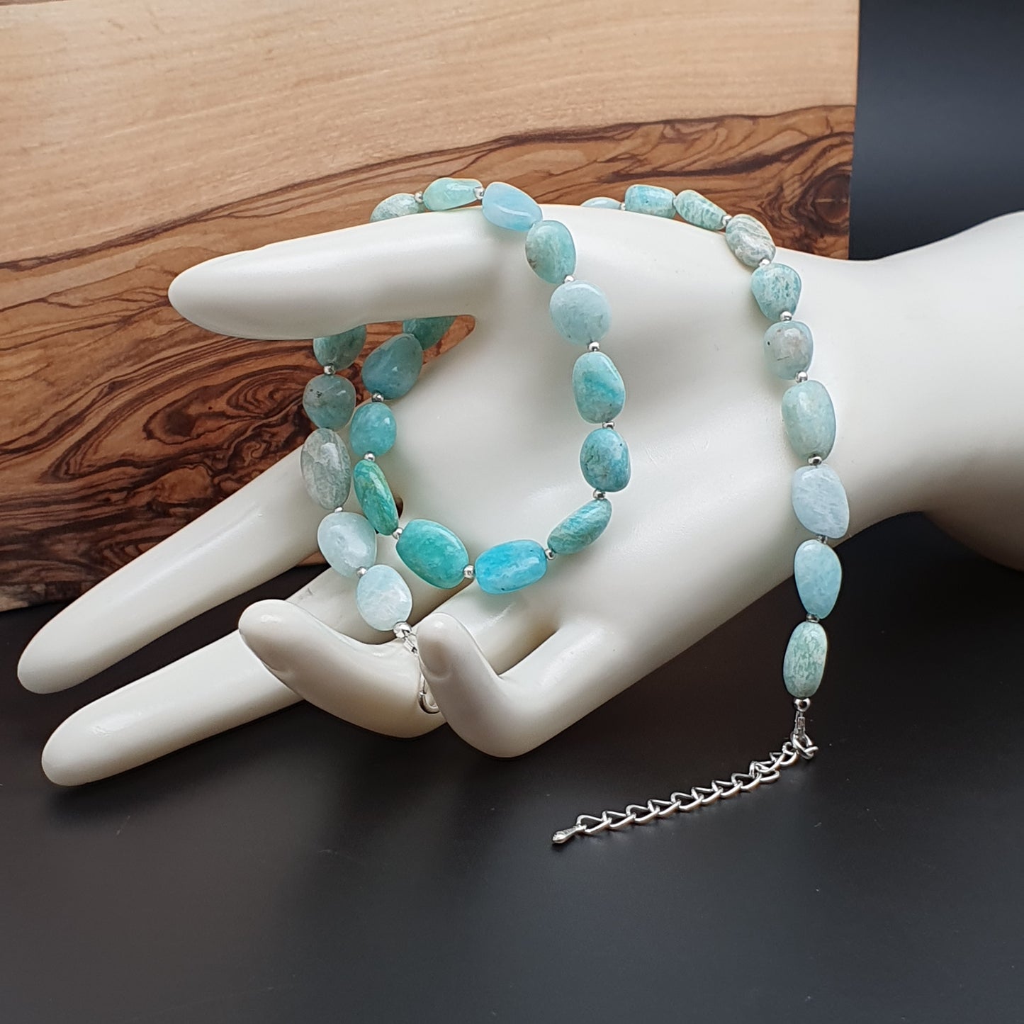 Blue Amazonite Beaded Nuggets Collar Necklace Silver Plated