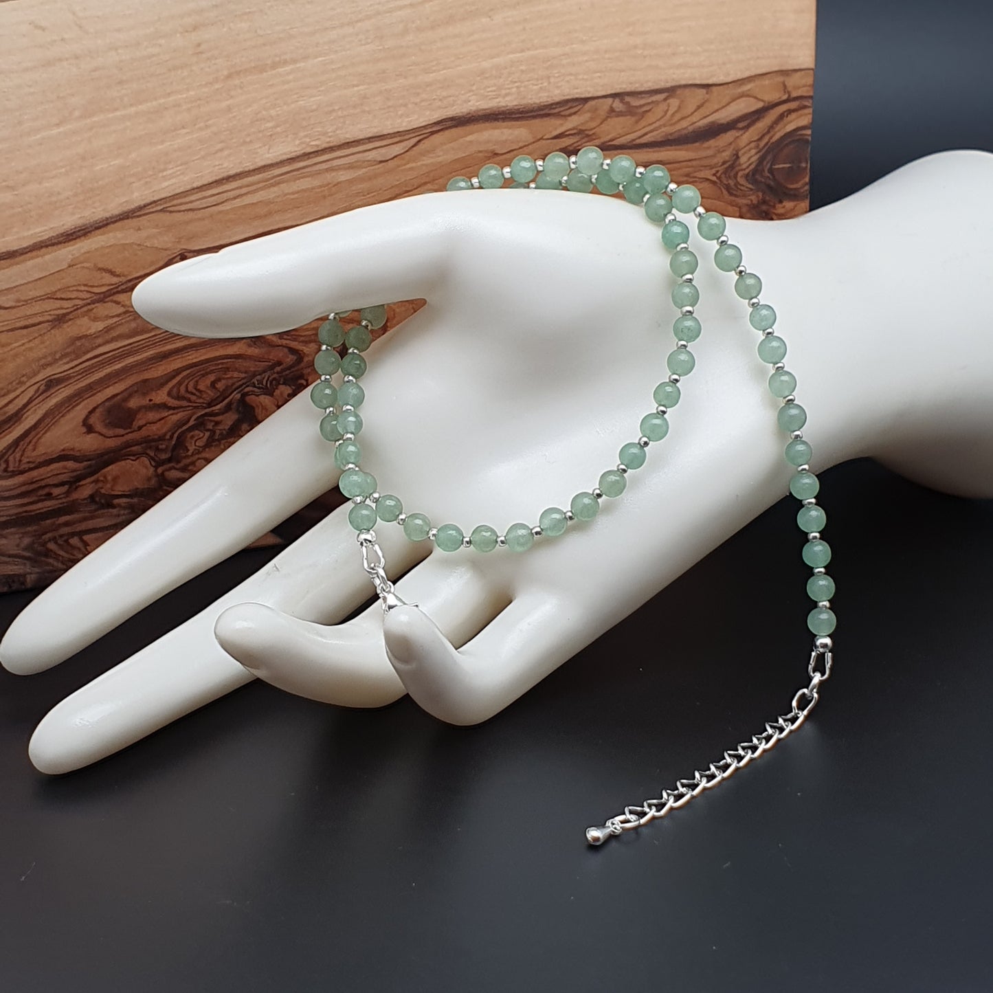 Green Aventurine Beaded Collar Necklace Silver Plated