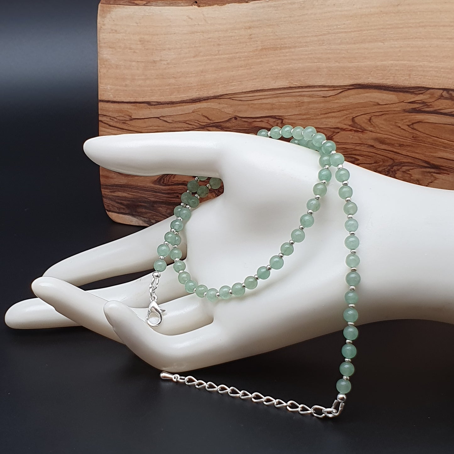 Green Aventurine Beaded Collar Necklace Silver Plated