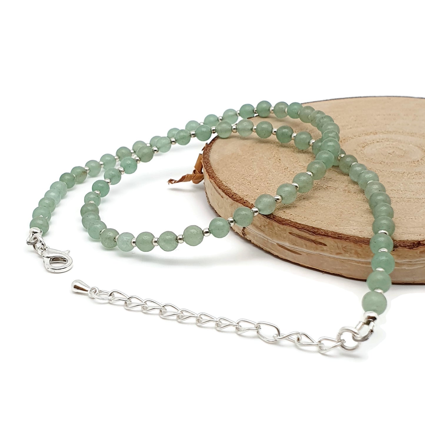 Green Aventurine Beaded Collar Necklace Silver Plated