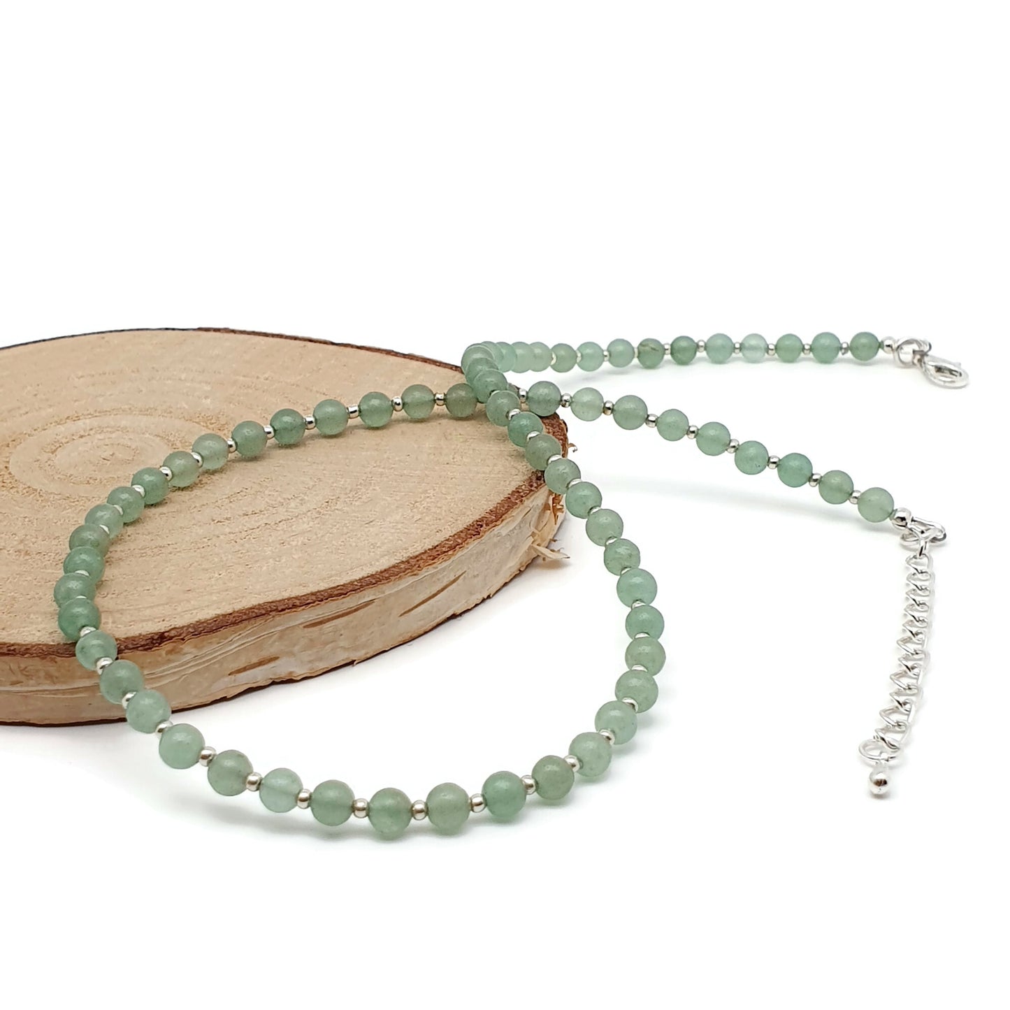 Green Aventurine Beaded Collar Necklace Silver Plated