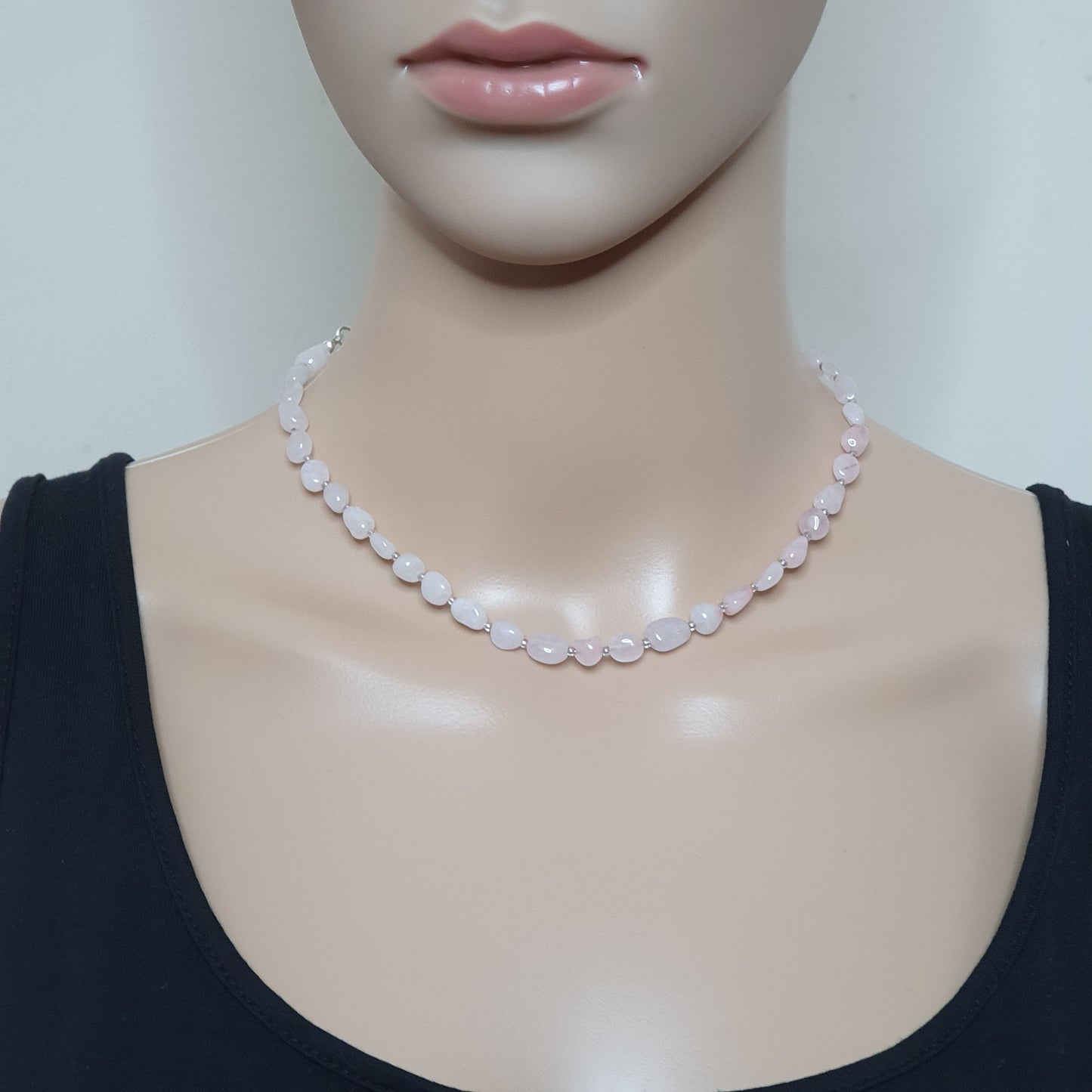 Rose Quartz Nuggets Necklace Beaded Natural Gemstone Collar Silver Plated