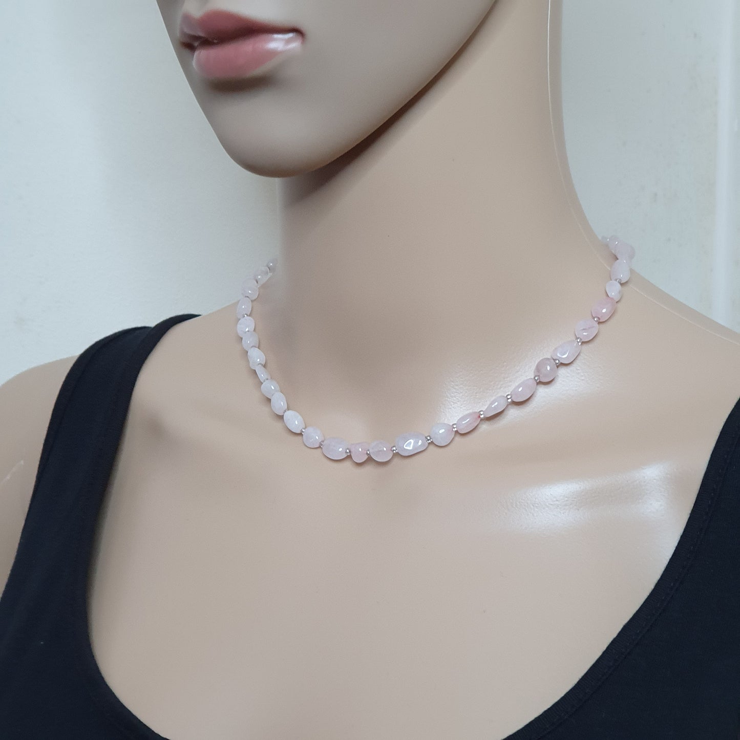 Rose Quartz Nuggets Necklace Beaded Natural Gemstone Collar Silver Plated