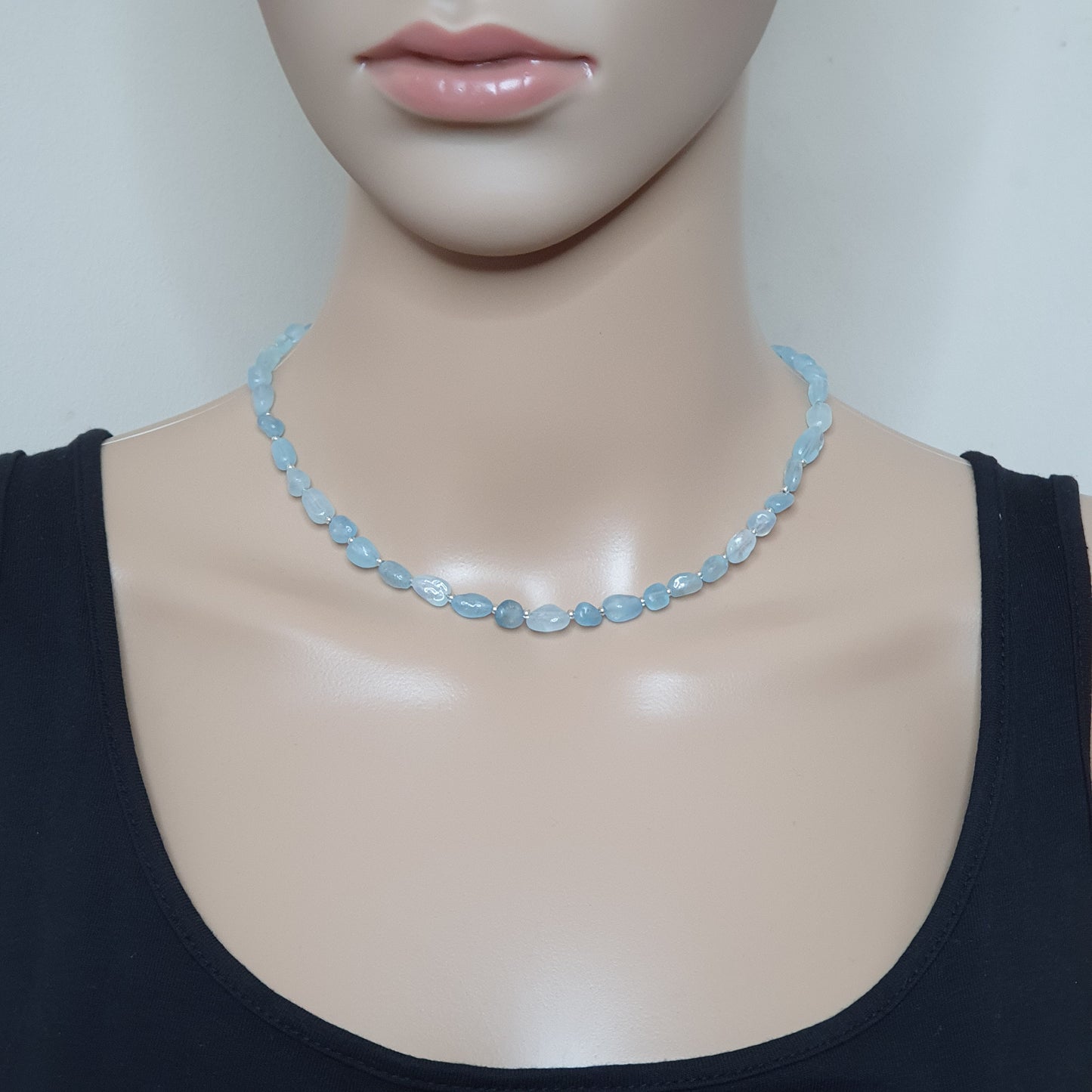 Beaded Aquamarine Nuggets Collar Necklace Silver Plated