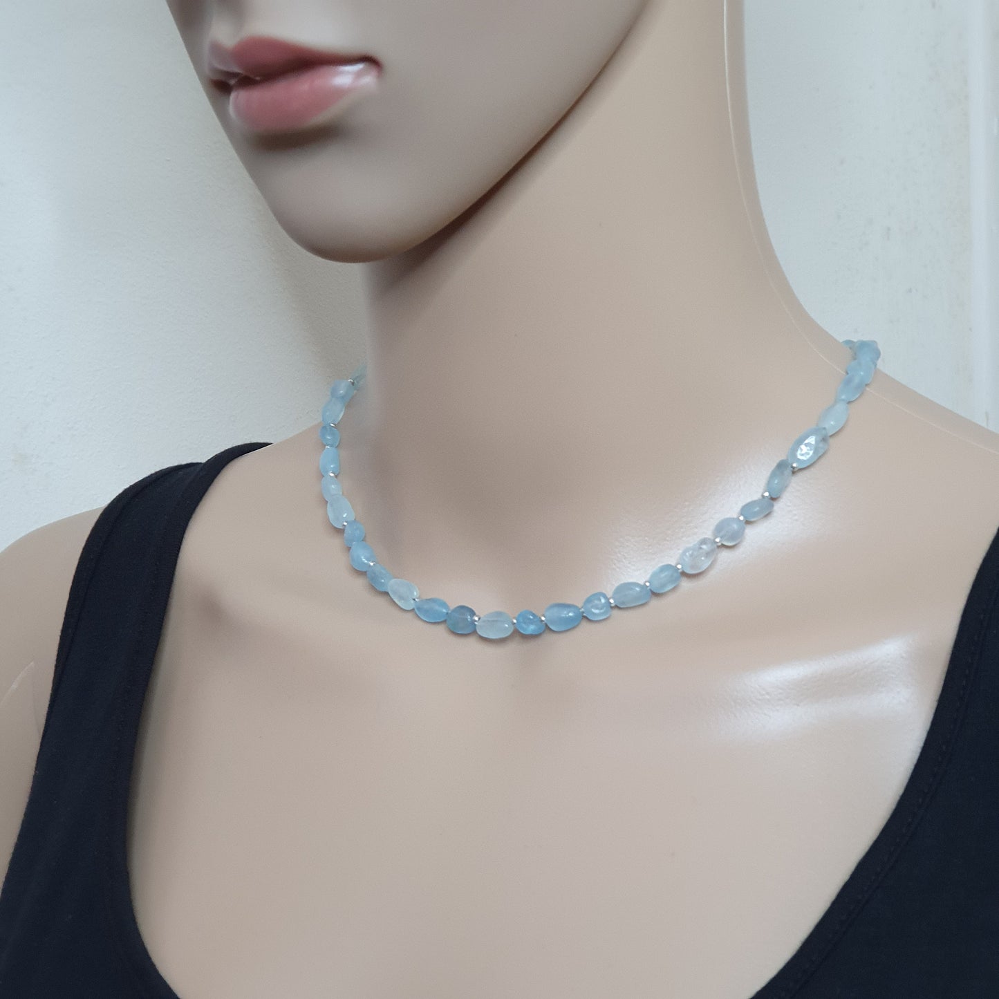 Beaded Aquamarine Nuggets Collar Necklace Silver Plated