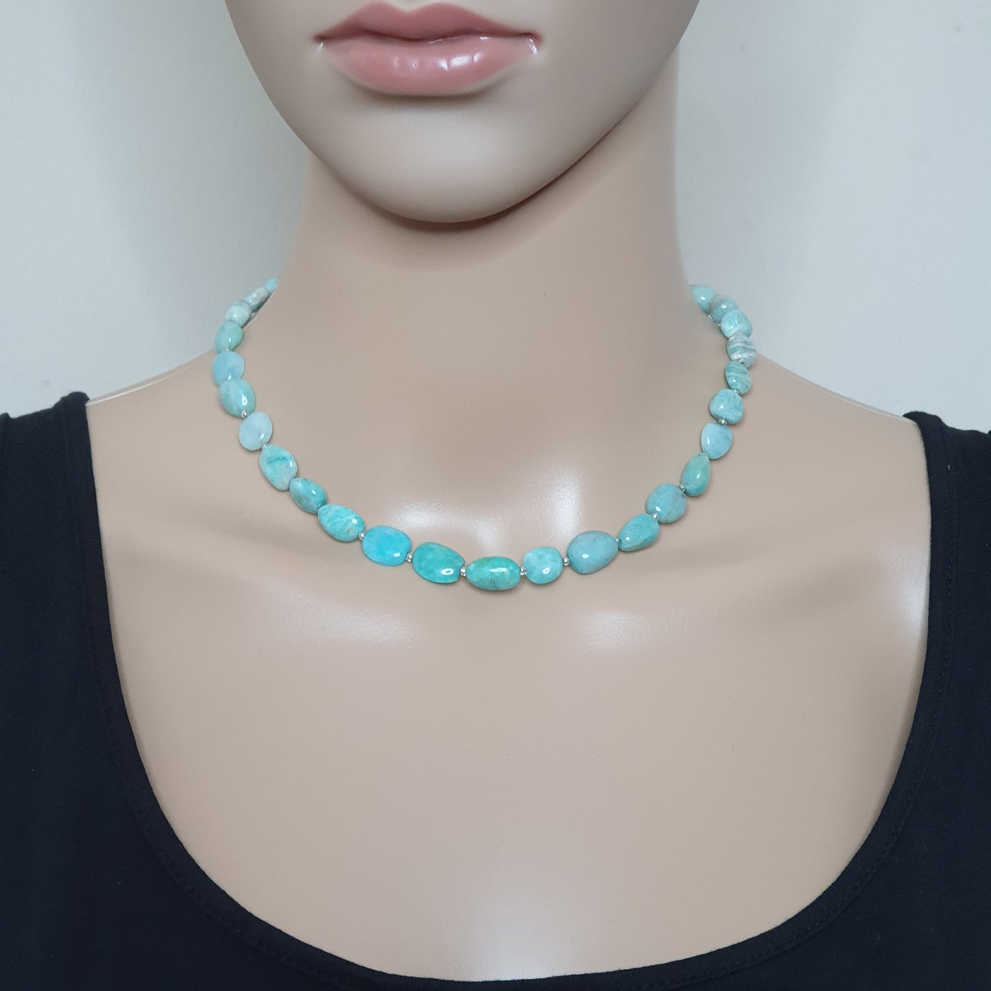 Blue Amazonite Beaded Nuggets Collar Necklace Silver Plated