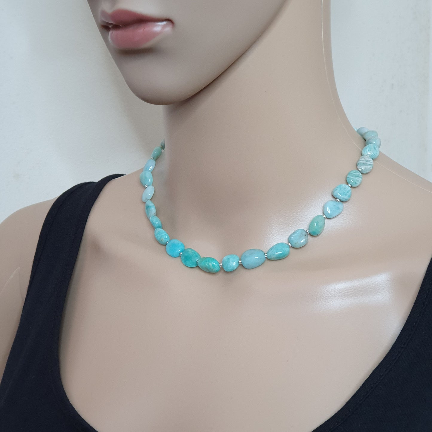 Blue Amazonite Beaded Nuggets Collar Necklace Silver Plated