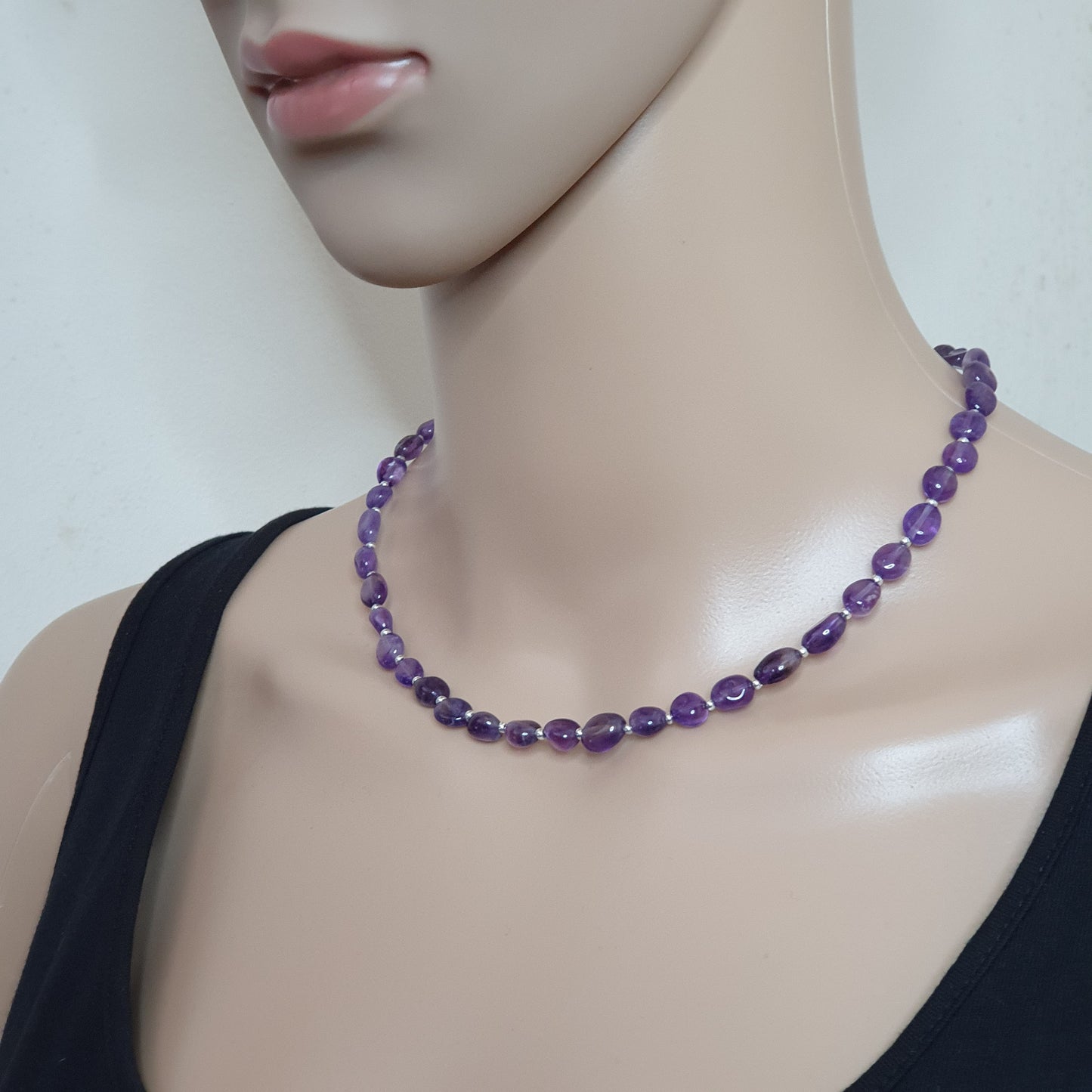 Beaded Purple Amethyst Nuggets Collar Necklace Silver Plated