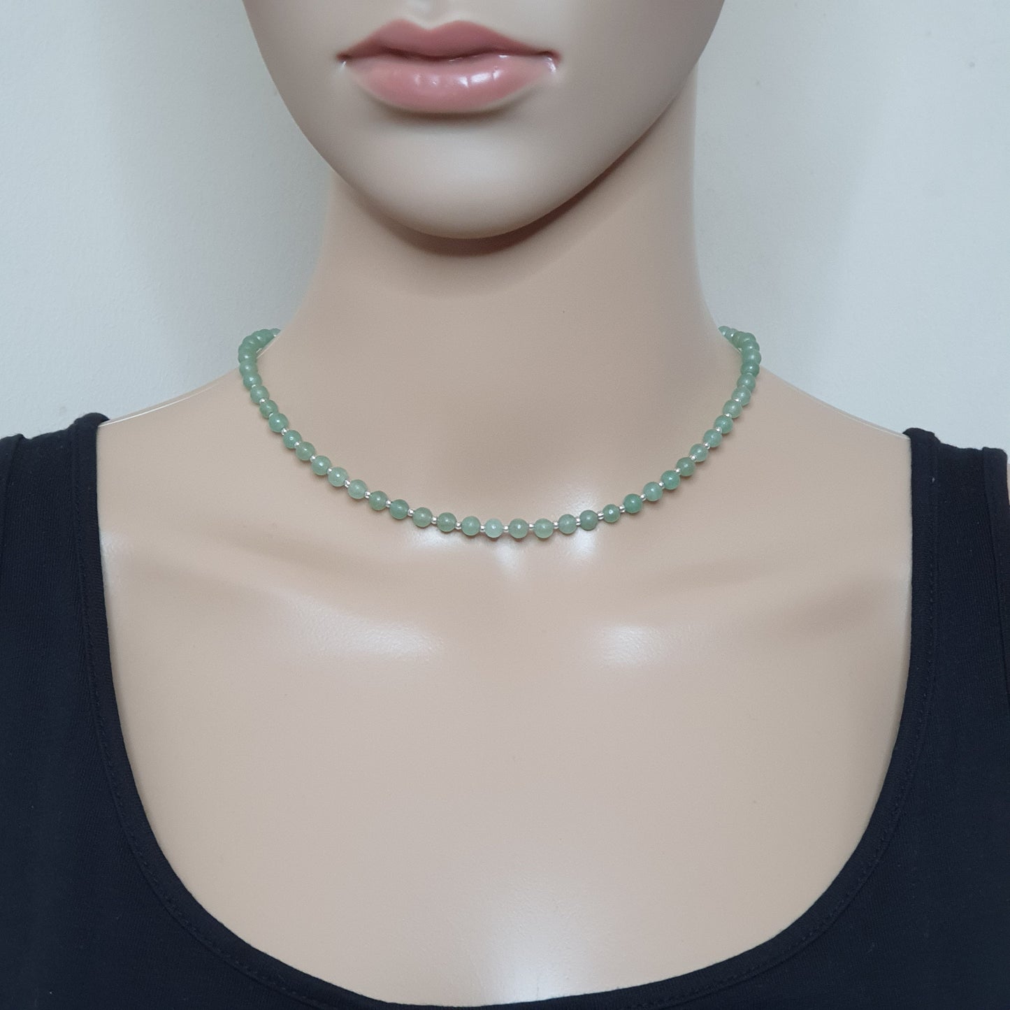 Green Aventurine Beaded Collar Necklace Silver Plated