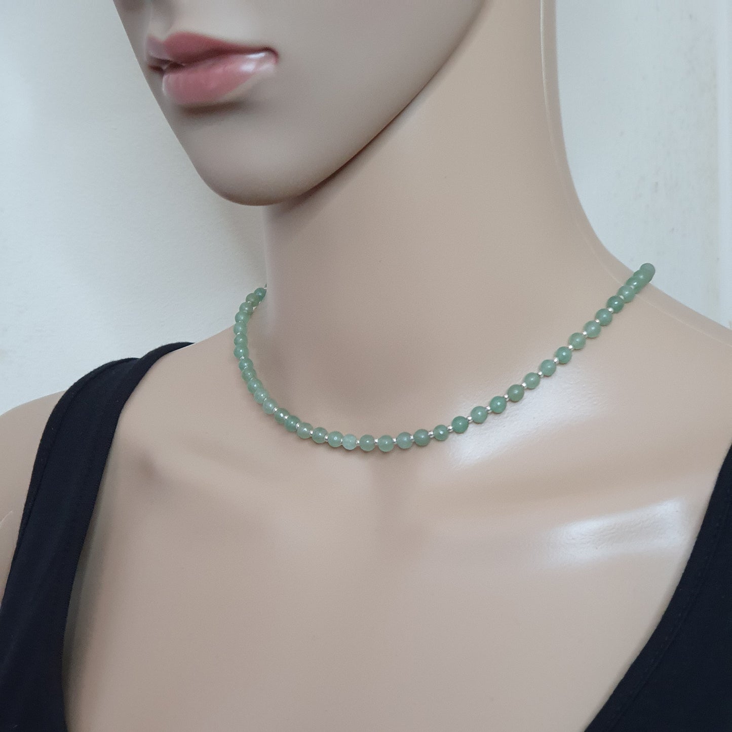 Green Aventurine Beaded Collar Necklace Silver Plated