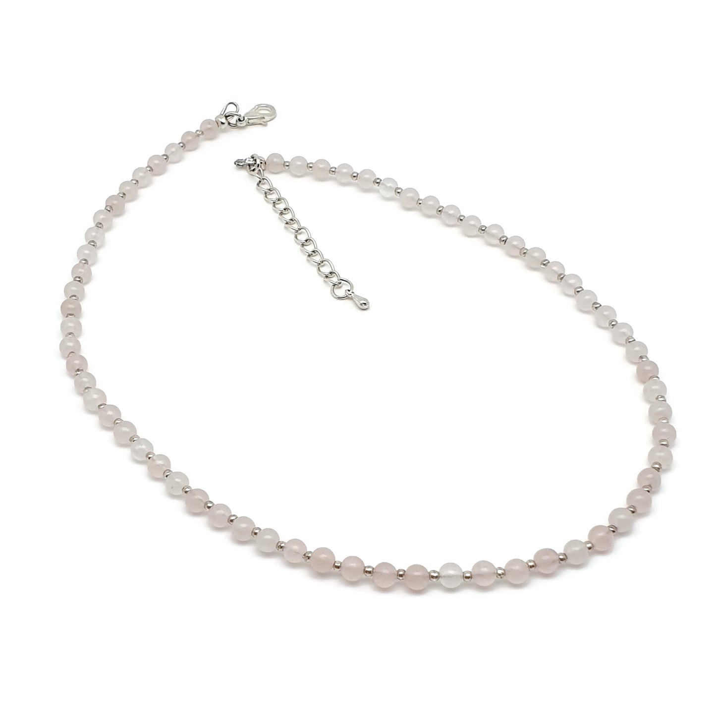 Pink Rose Quartz Beaded Collar Necklace Silver Plated