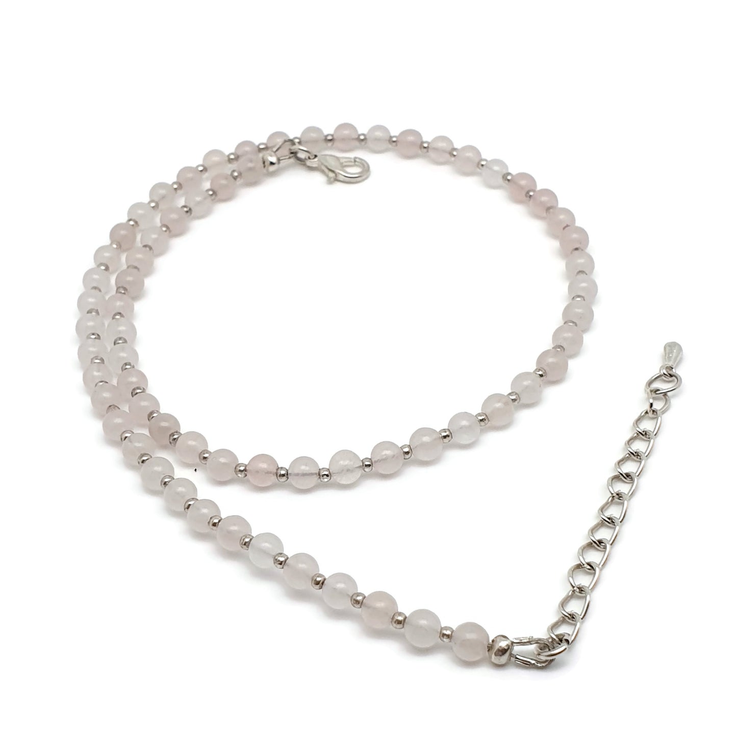 Pink Rose Quartz Beaded Collar Necklace Silver Plated