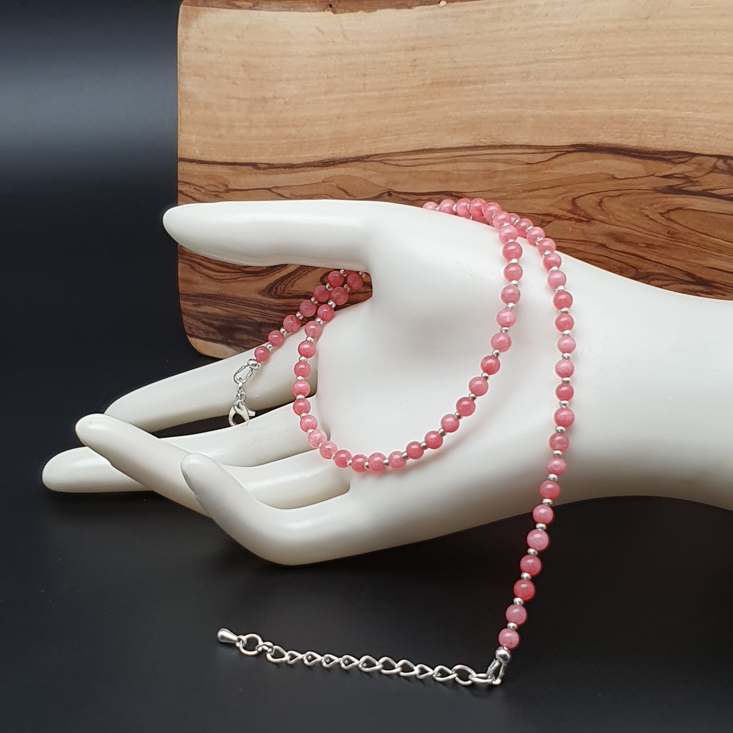 Pink Rhodochrosite Beaded Collar Necklace Silver Plated